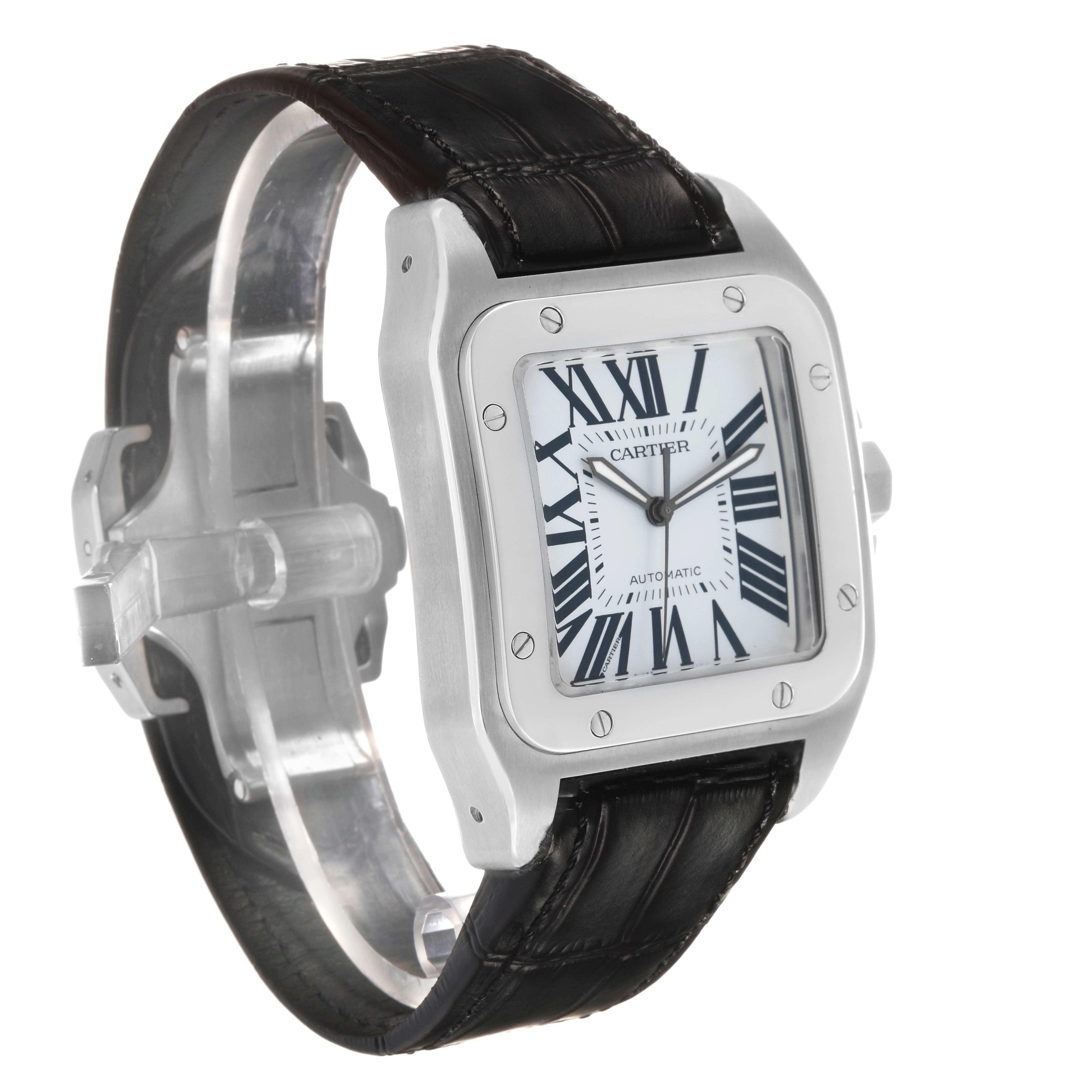 The Cartier Santos W20073X8 Men's Stainless Steel Silver Dial watch is shown at an angle highlighting the face, case, and strap, with visible Roman numerals and the automatic label.