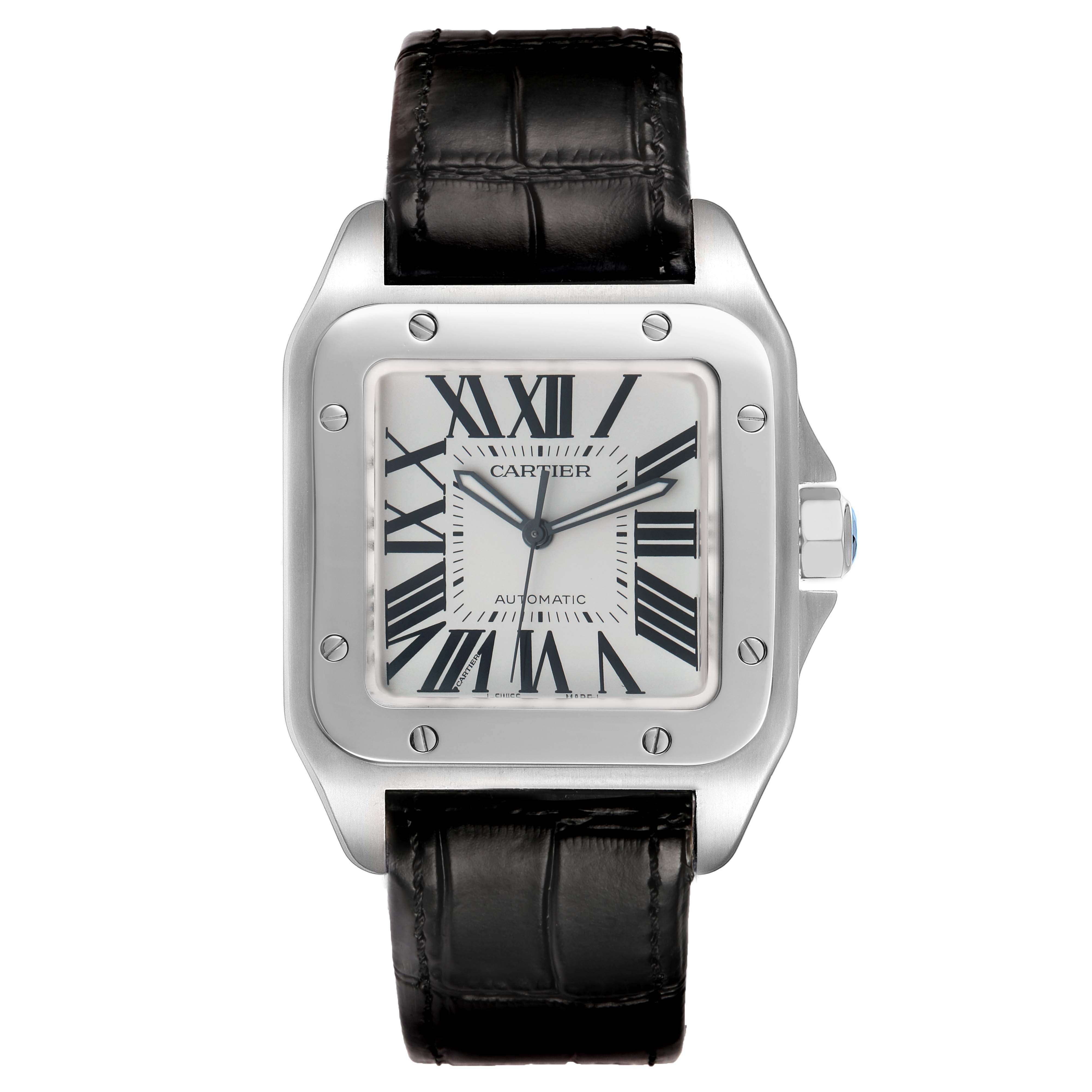 The Cartier Santos W20073X8 Men's Stainless Steel Silver Dial watch is shown from the front, displaying its dial, Roman numerals, and leather strap.