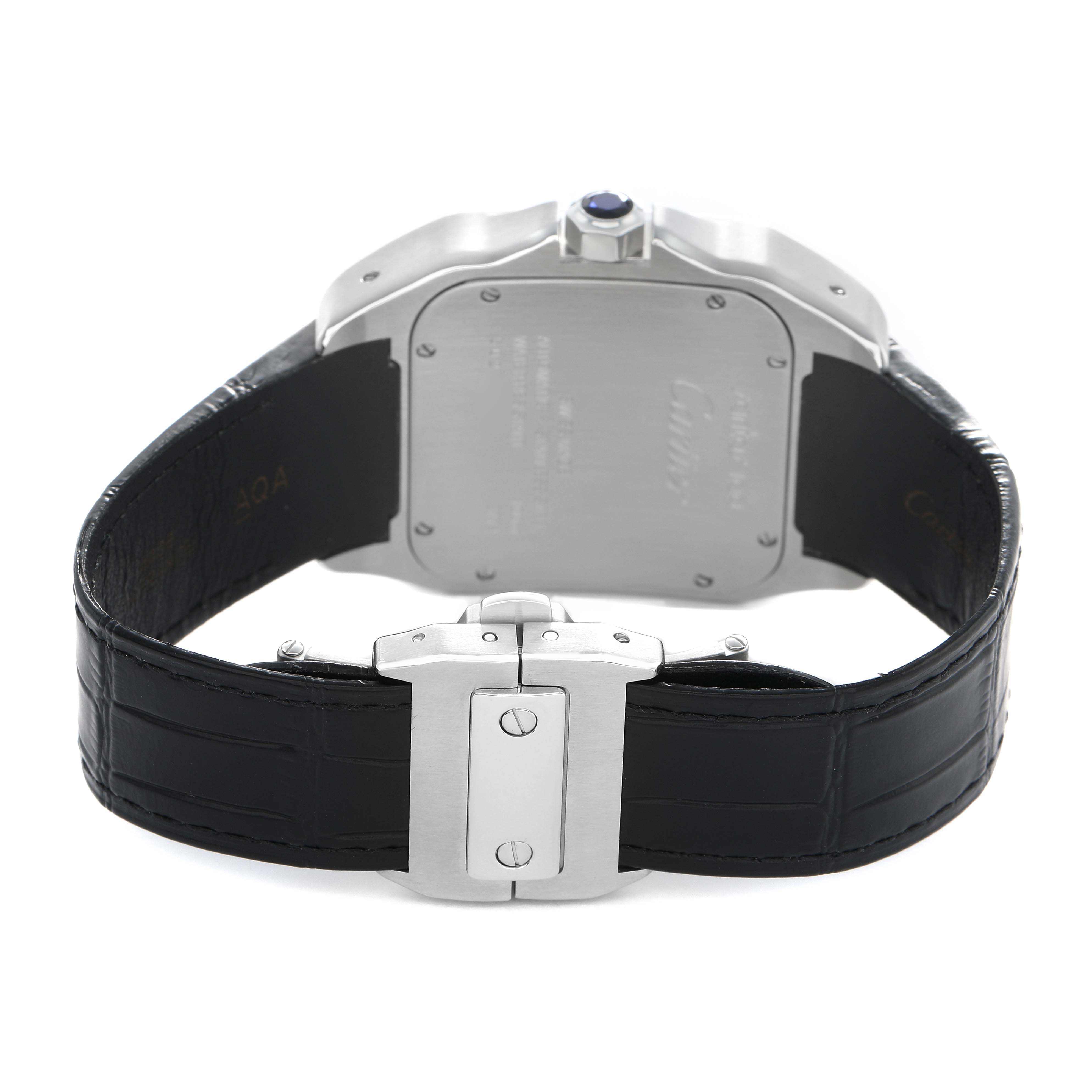 The image shows the back of a Cartier Santos W20073X8 Men's Stainless Steel Silver Dial watch, highlighting the case back, clasp, and leather strap from a rear angle.