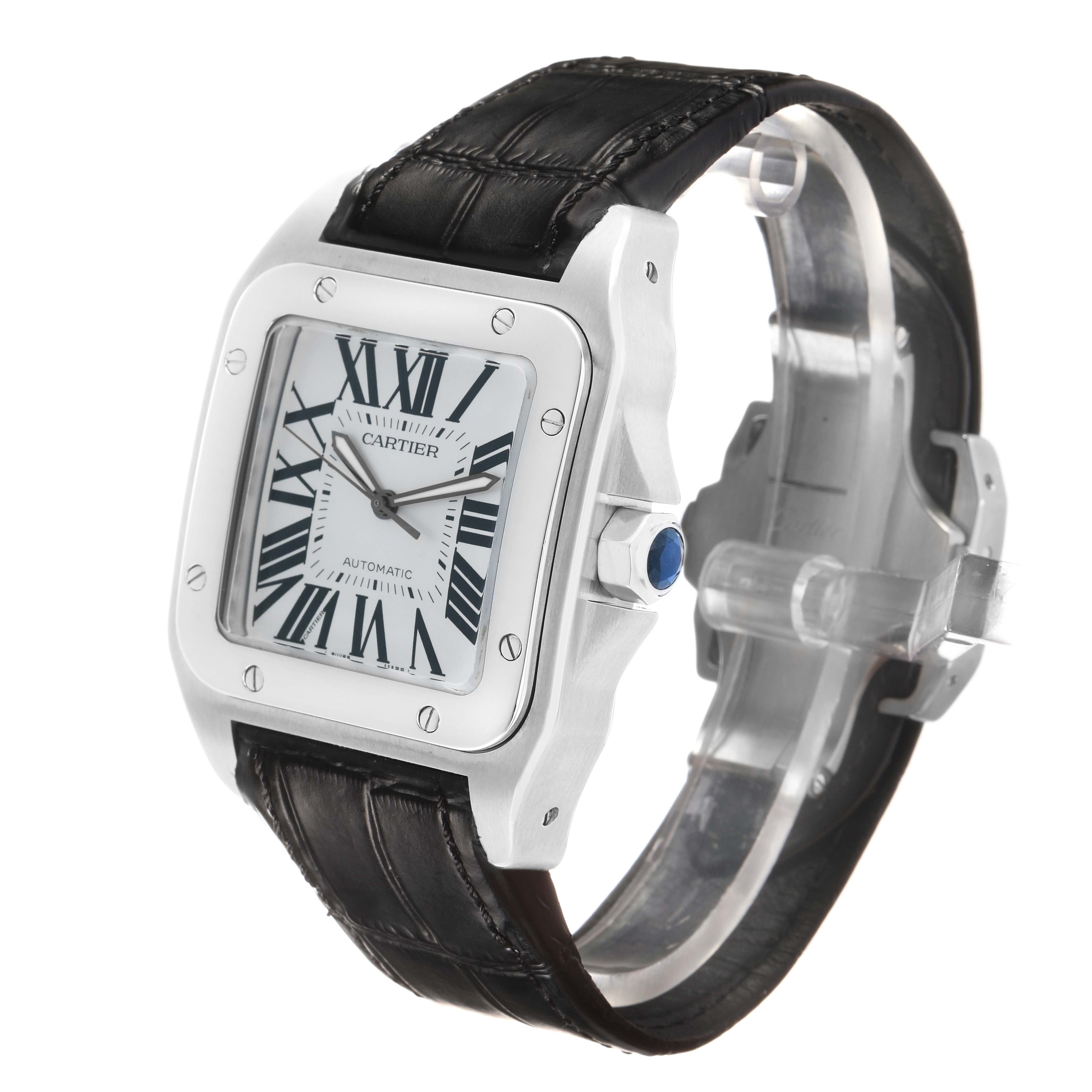 The Cartier Santos W20073X8 Men's Stainless Steel Silver Dial watch is shown at a three-quarter angle, highlighting the face, bezel, and leather strap.