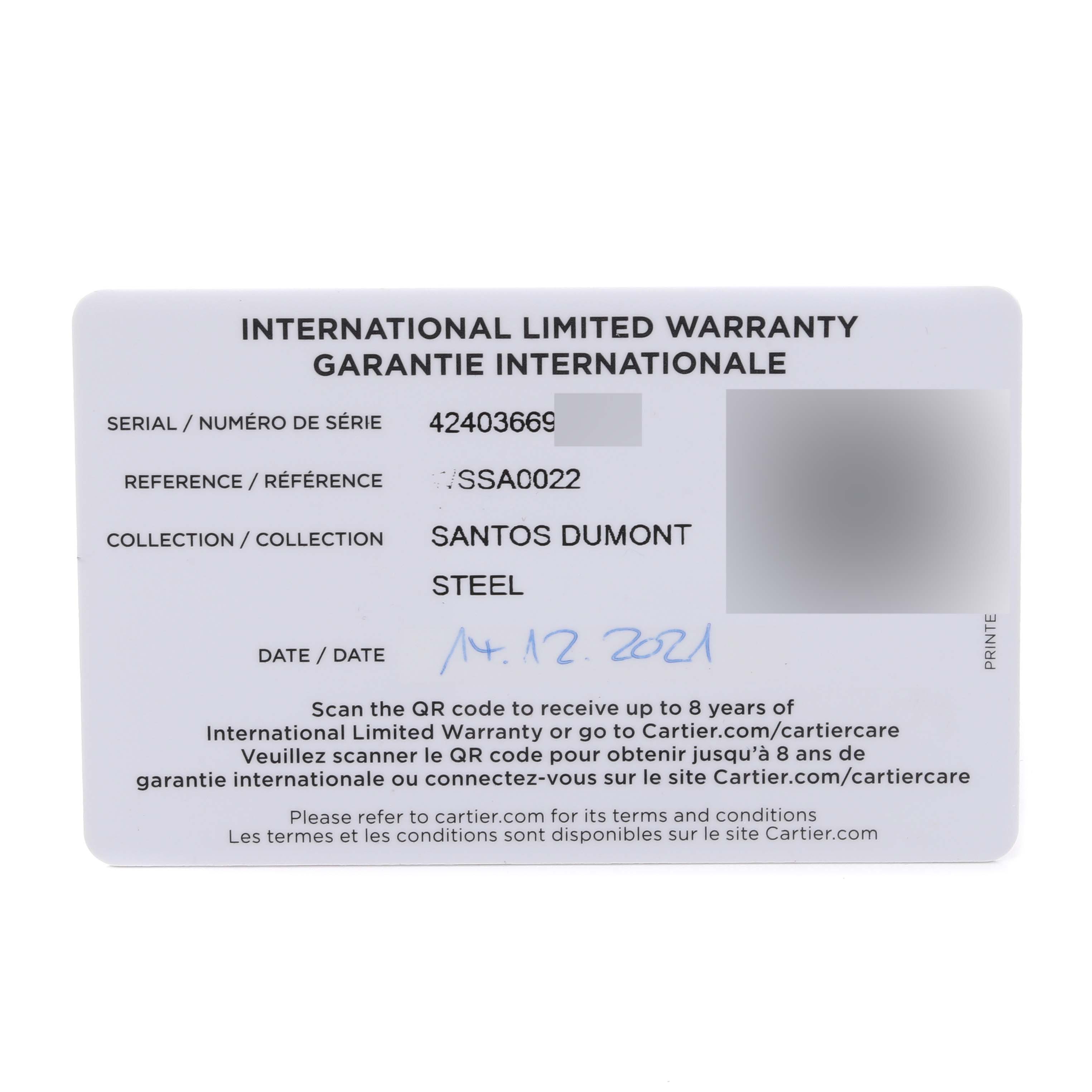 This image shows the international limited warranty card for a Santos Dumont model by Cartier.