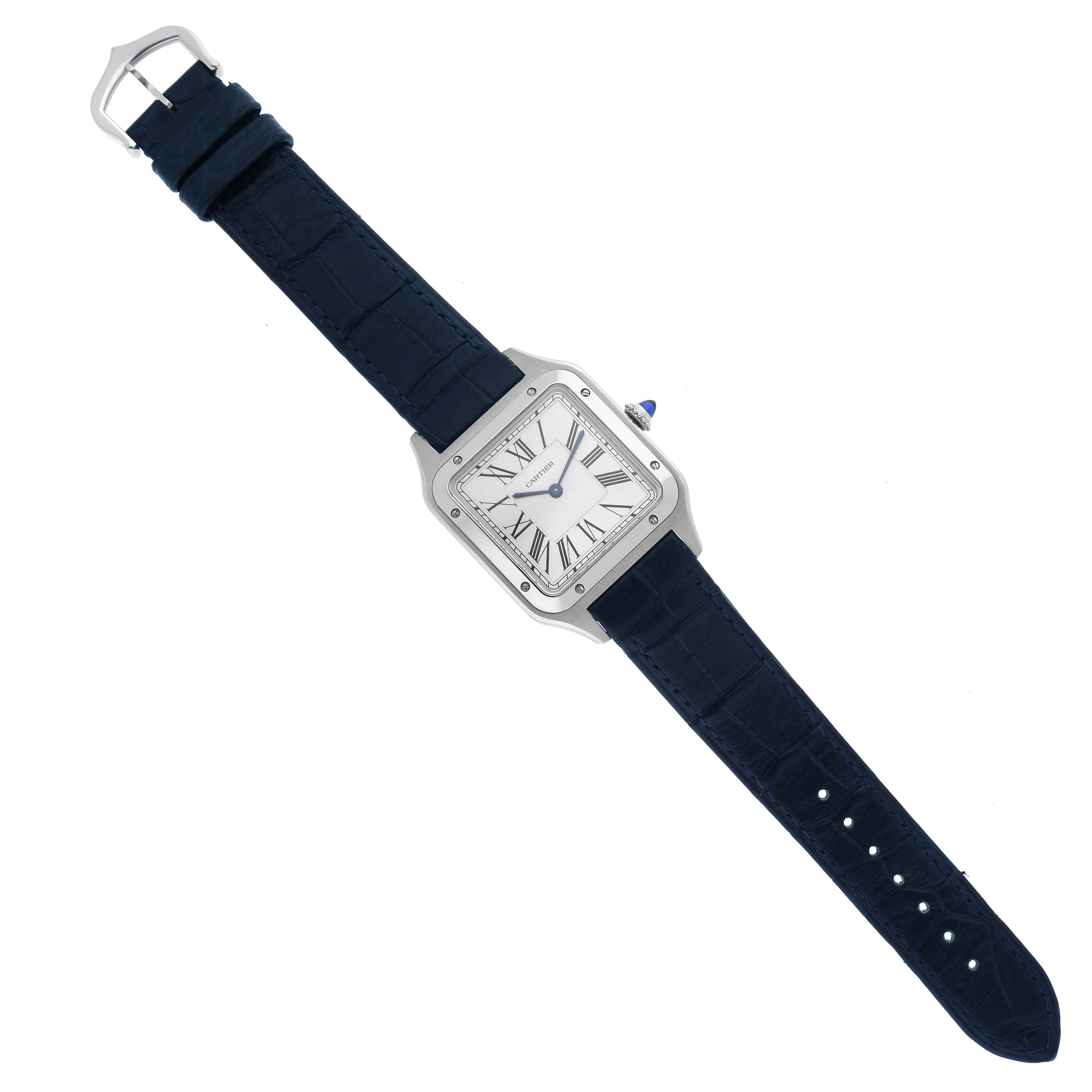 The Cartier Santos Dumont WSSA0022 Men
s Stainless Steel Silver Dial WSSA0022 Men
s Stainless Steel Silver Dial watch is shown fully extended from a top-down angle, displaying its face and blue strap.