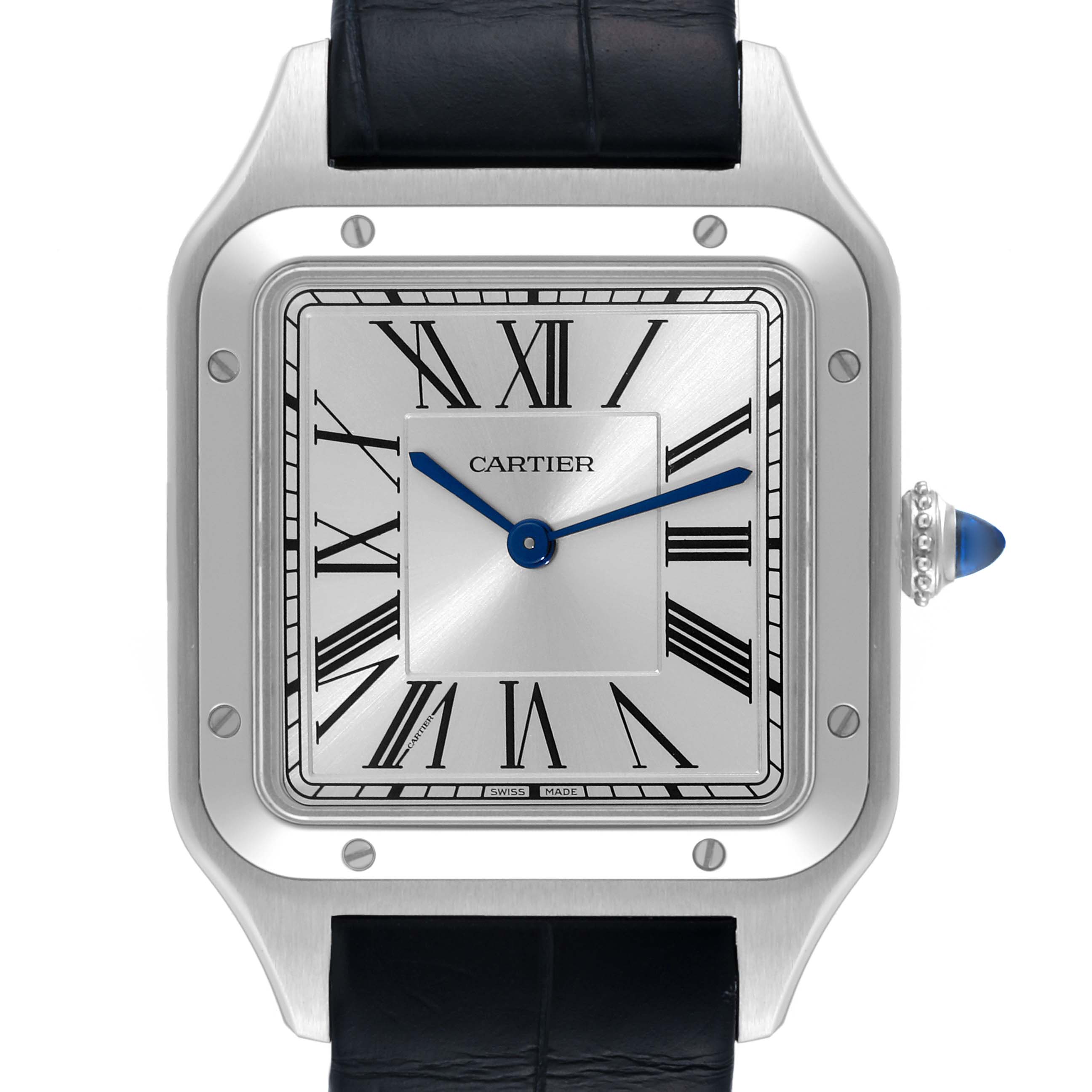 This image shows a front view of the Cartier Santos Dumont WSSA0022 Men
s Stainless Steel Silver Dial WSSA0022 Men
s Stainless Steel Silver Dial watch, highlighting the dial, Roman numerals, and blue hands.
