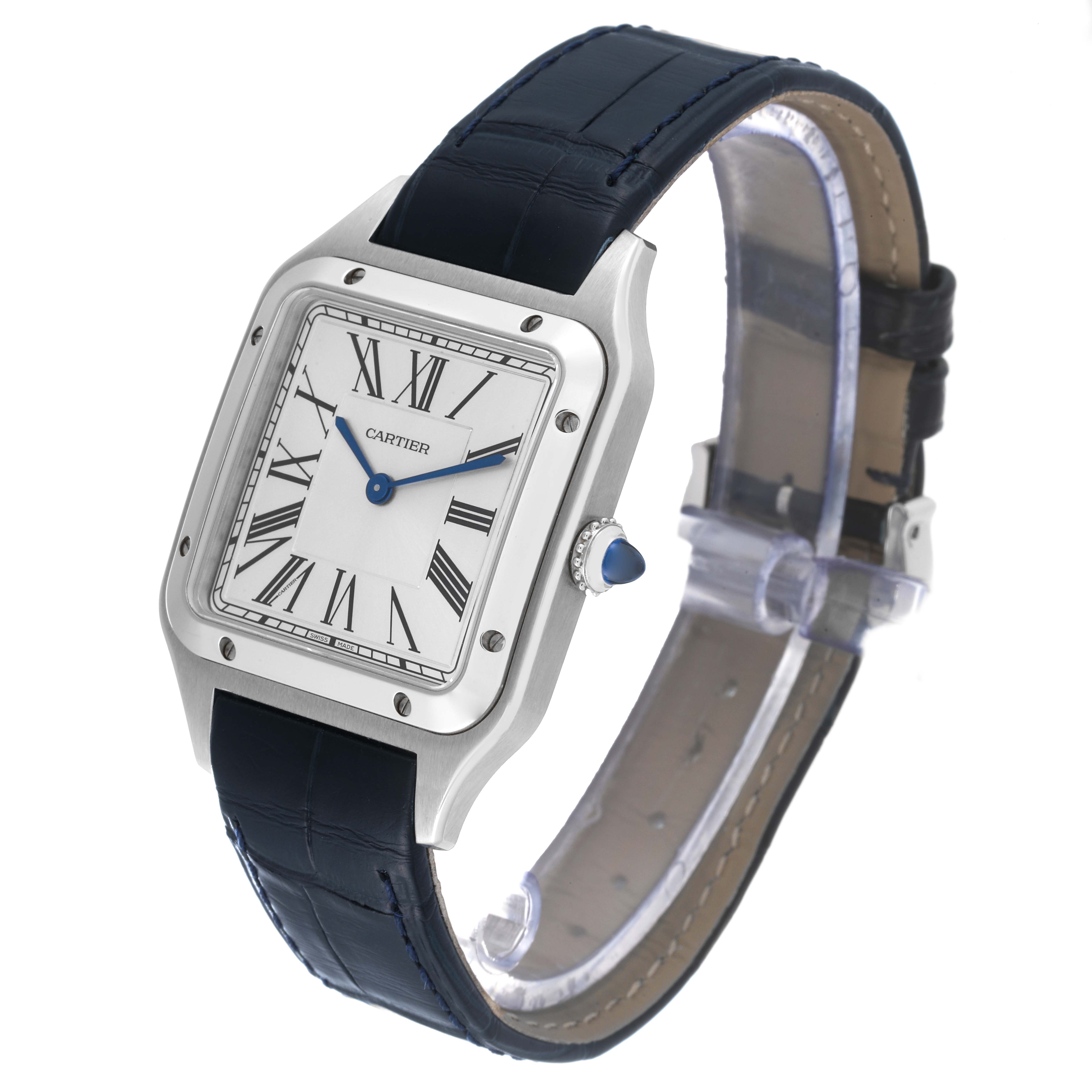 The image shows a Cartier Santos Dumont WSSA0022 Men
s Stainless Steel Silver Dial WSSA0022 Men
s Stainless Steel Silver Dial watch at a three-quarter angle, highlighting its rectangular face, Roman numerals, and leather strap.