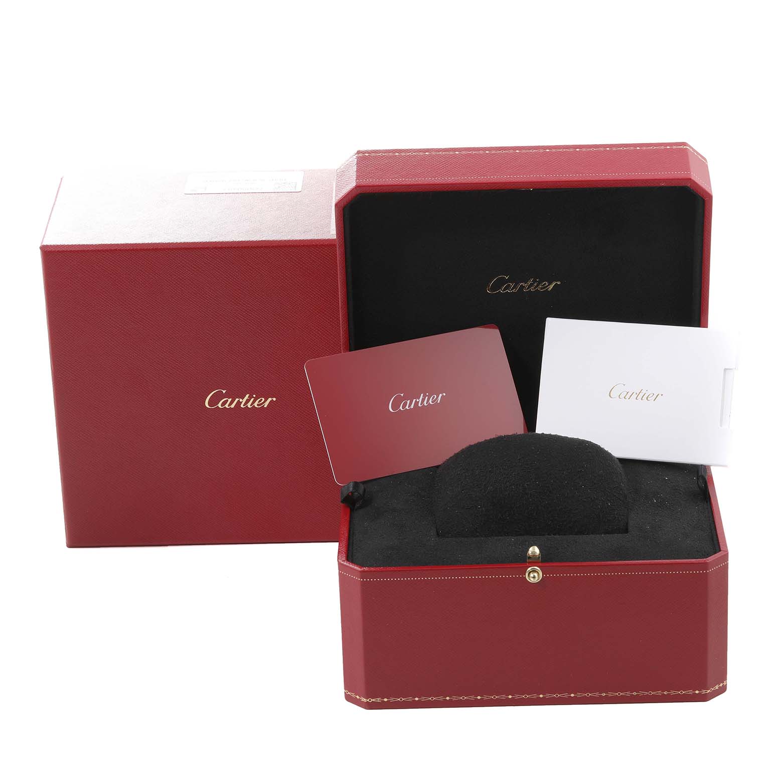 The image shows the Cartier Santos Dumont WSSA0022 Men
s Stainless Steel Silver Dial WSSA0022 Men
s Stainless Steel Silver Dial watch box set with the inner and outer boxes, pillow, and documents.