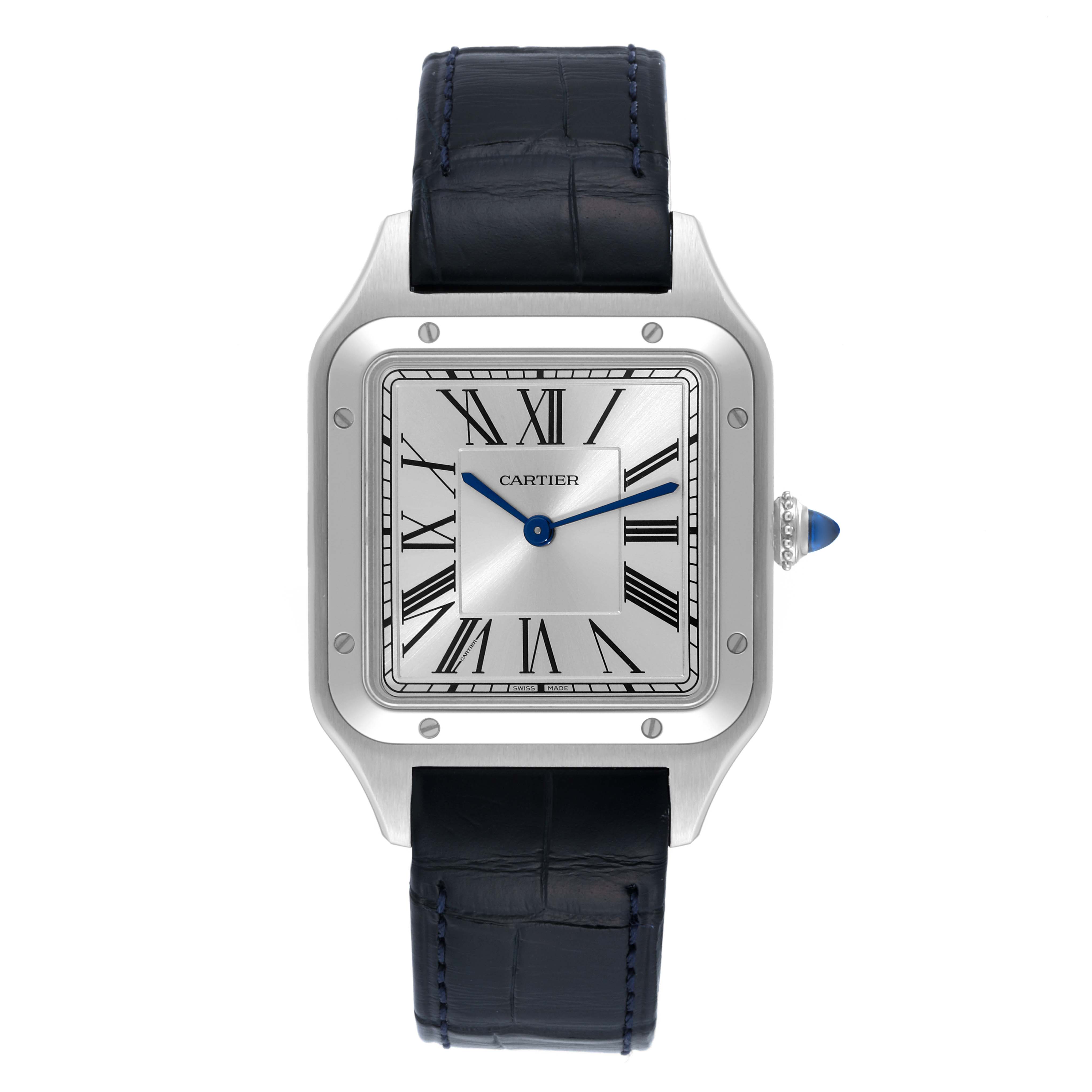 This image shows the Cartier Santos Dumont WSSA0022 Men
s Stainless Steel Silver Dial WSSA0022 Men
s Stainless Steel Silver Dial watch from a front angle, highlighting its face, case, and leather strap.