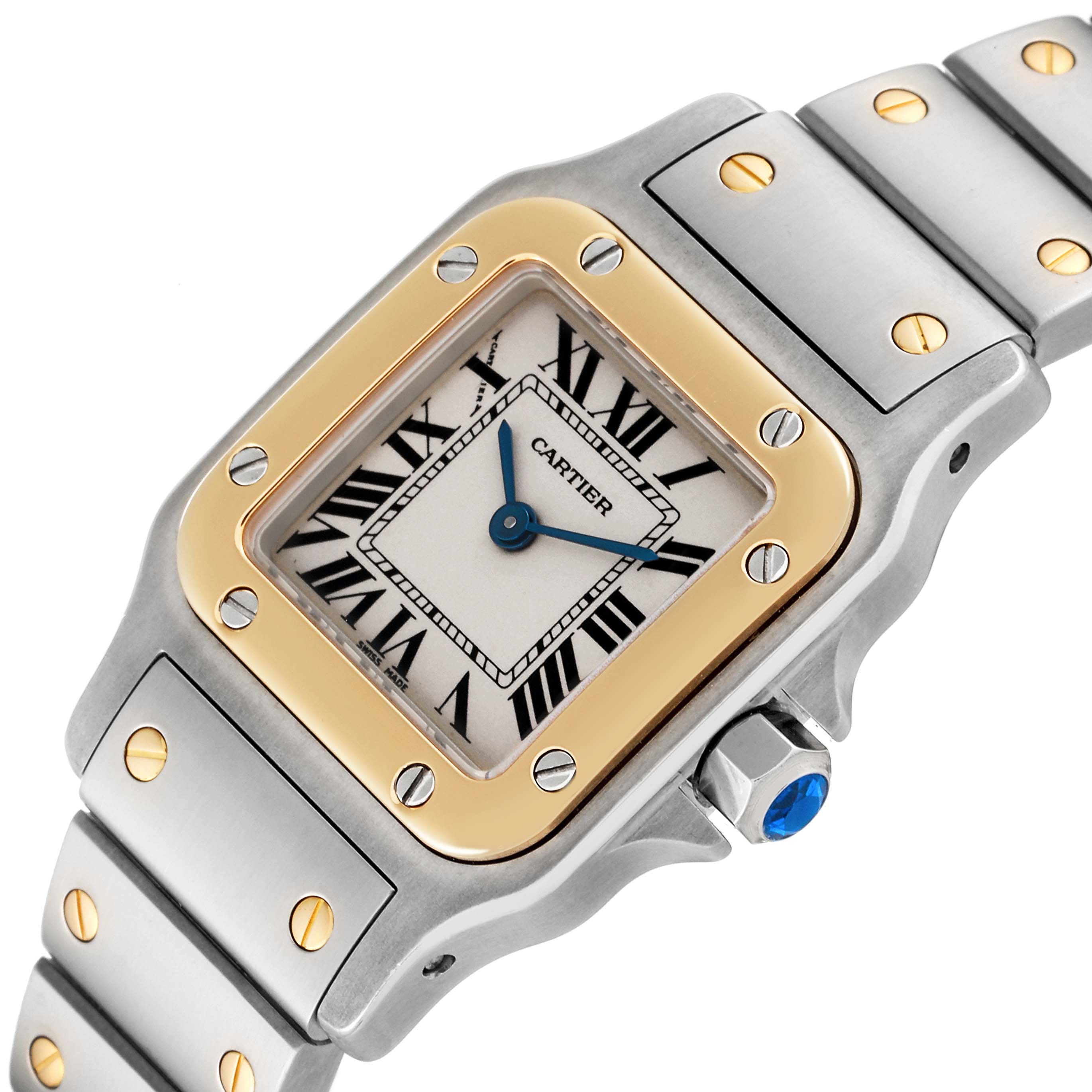 The image shows a close-up angled view of the Cartier Santos W20012C4 Women's Steel and Gold (two tone) Silver Dial W20012C4 Women's Steel and Gold (two tone) Silver Dial watch, highlighting its face, bezel, and part of the bracelet.