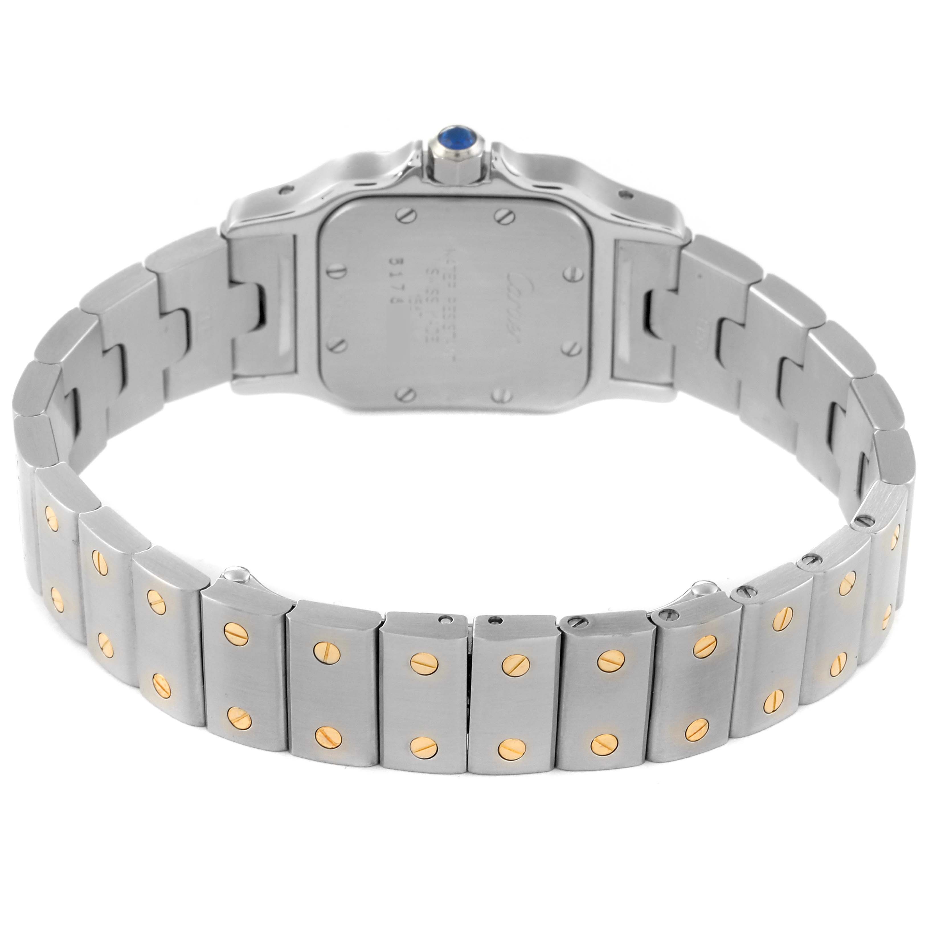This image shows the back side of the Cartier Santos W20012C4 Women's Steel and Gold (two tone) Silver Dial W20012C4 Women's Steel and Gold (two tone) Silver Dial watch, displaying the bracelet and case back.