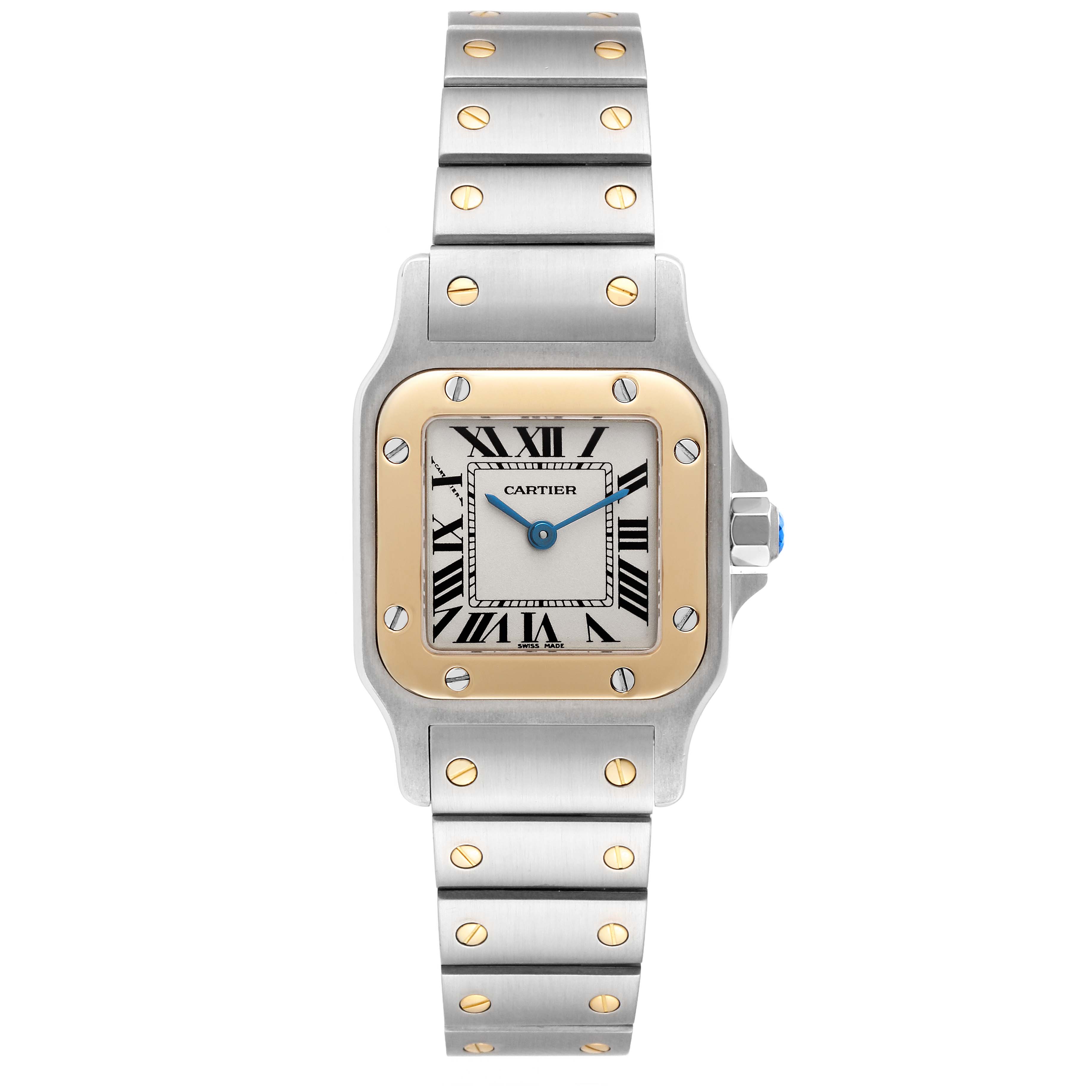 The image shows a front view of a Cartier Santos W20012C4 Women's Steel and Gold (two tone) Silver Dial W20012C4 Women's Steel and Gold (two tone) Silver Dial watch with a two-tone metal bracelet and Roman numeral dial.