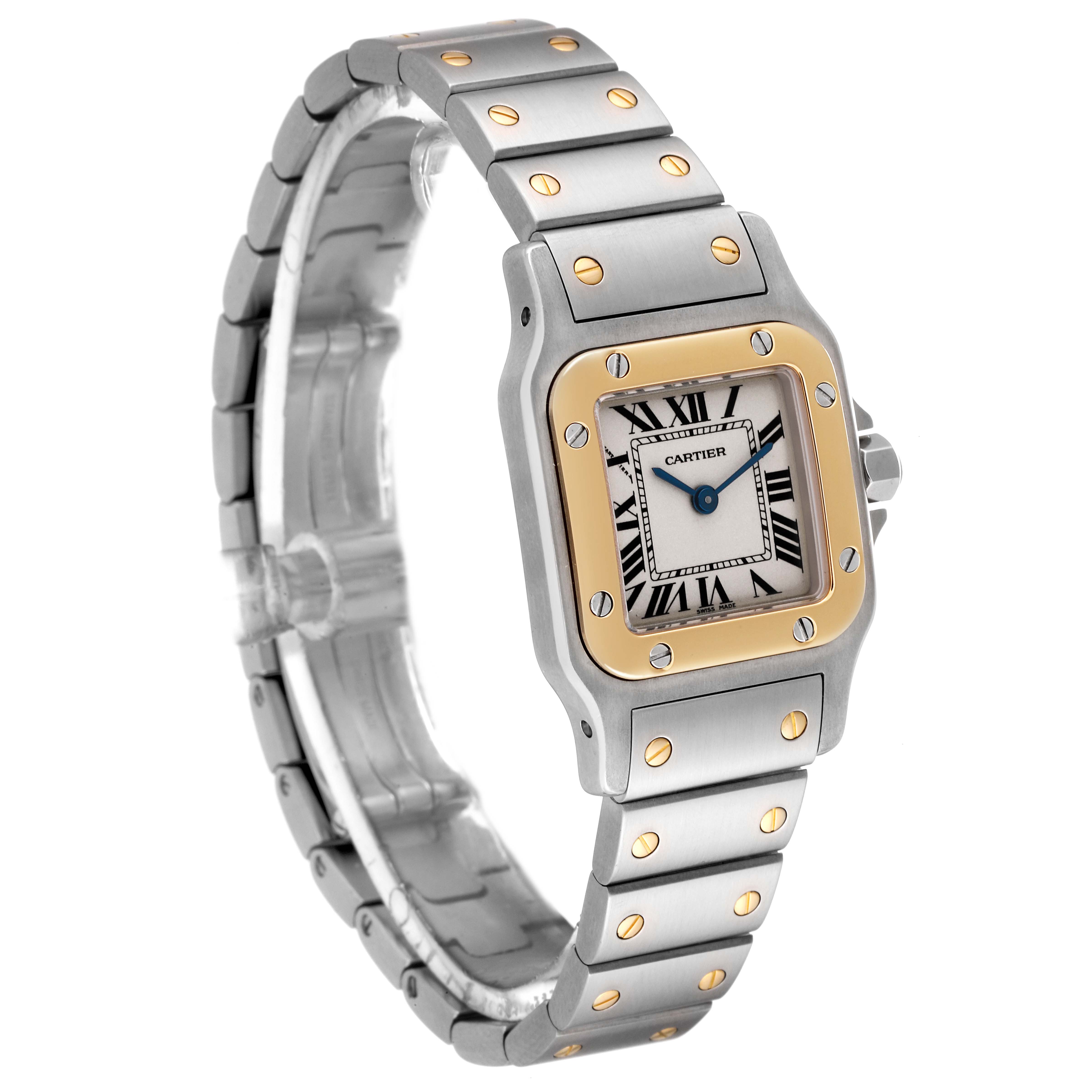 This image shows a Cartier Santos W20012C4 Women's Steel and Gold (two tone) Silver Dial W20012C4 Women's Steel and Gold (two tone) Silver Dial model watch at a three-quarter angle, highlighting its square face, metal bracelet, and bezel detailing.