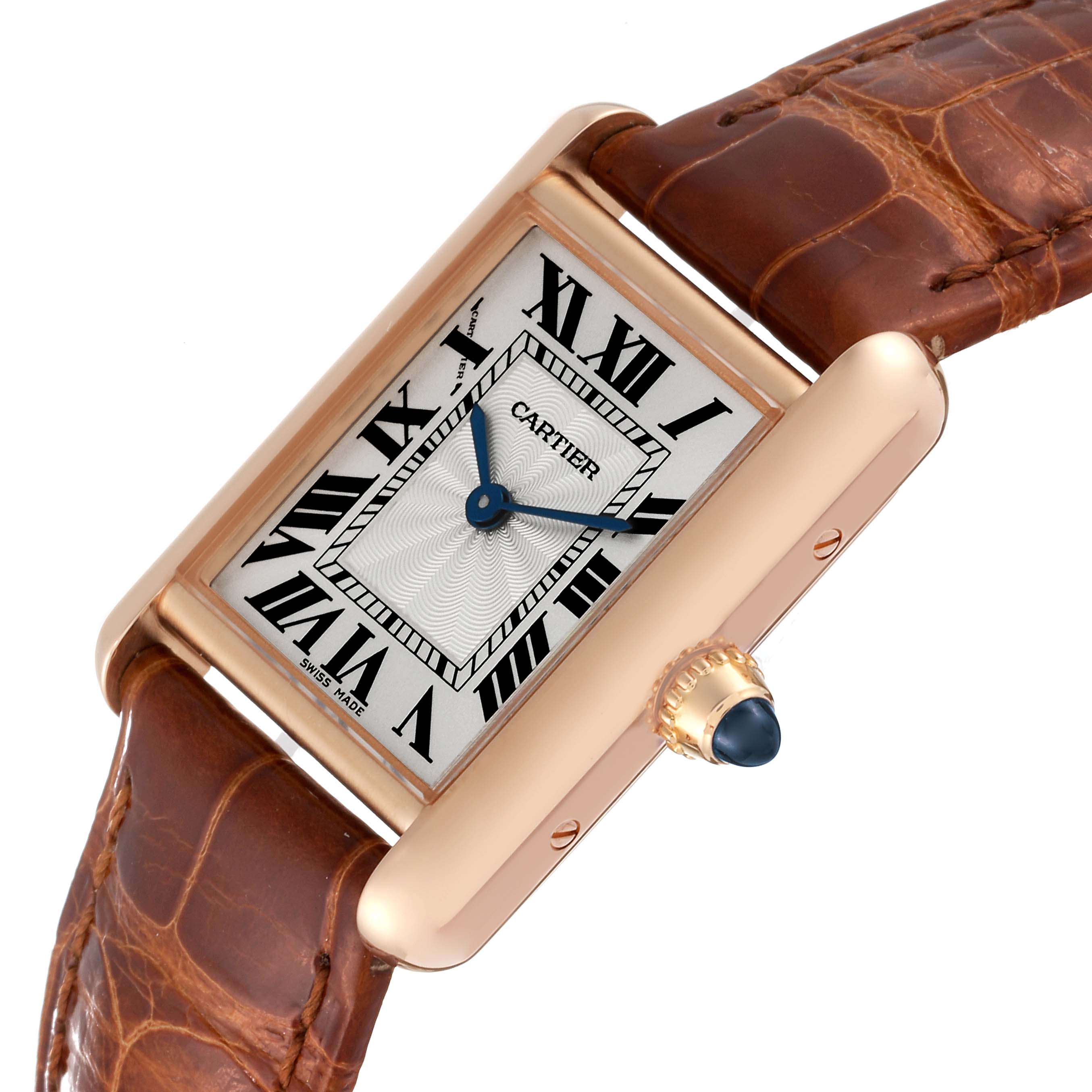 The Cartier Tank Louis WGTA0010 Women's Rose Gold Silver Dial WGTA0010 Women's Rose Gold Silver Dial watch is shown from an angled front view, displaying its face, case, crown, and a part of the leather strap.