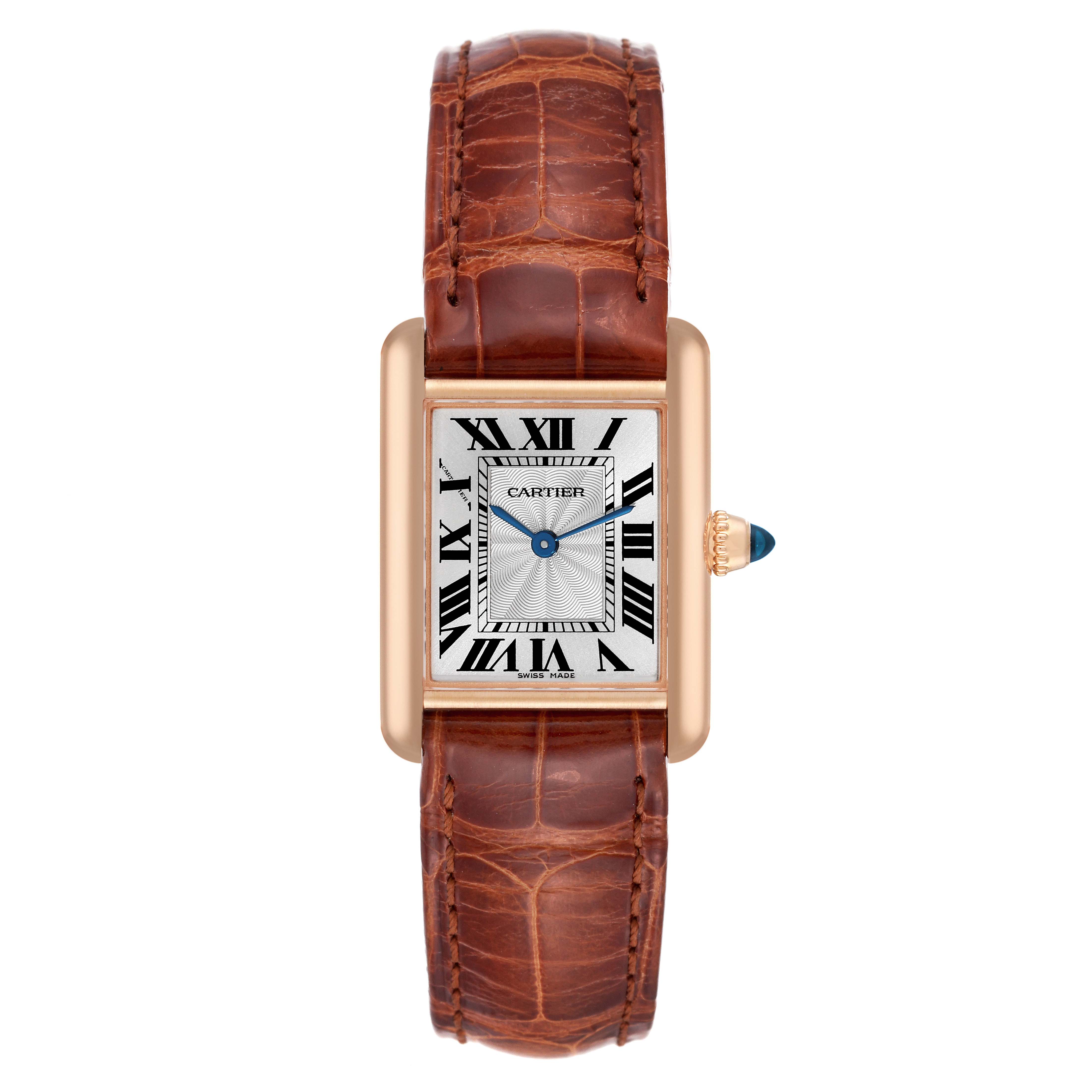 The image displays a Cartier Tank Louis WGTA0010 Women's Rose Gold Silver Dial WGTA0010 Women's Rose Gold Silver Dial watch from a top-down angle, showing the dial, hands, crown, and leather strap.