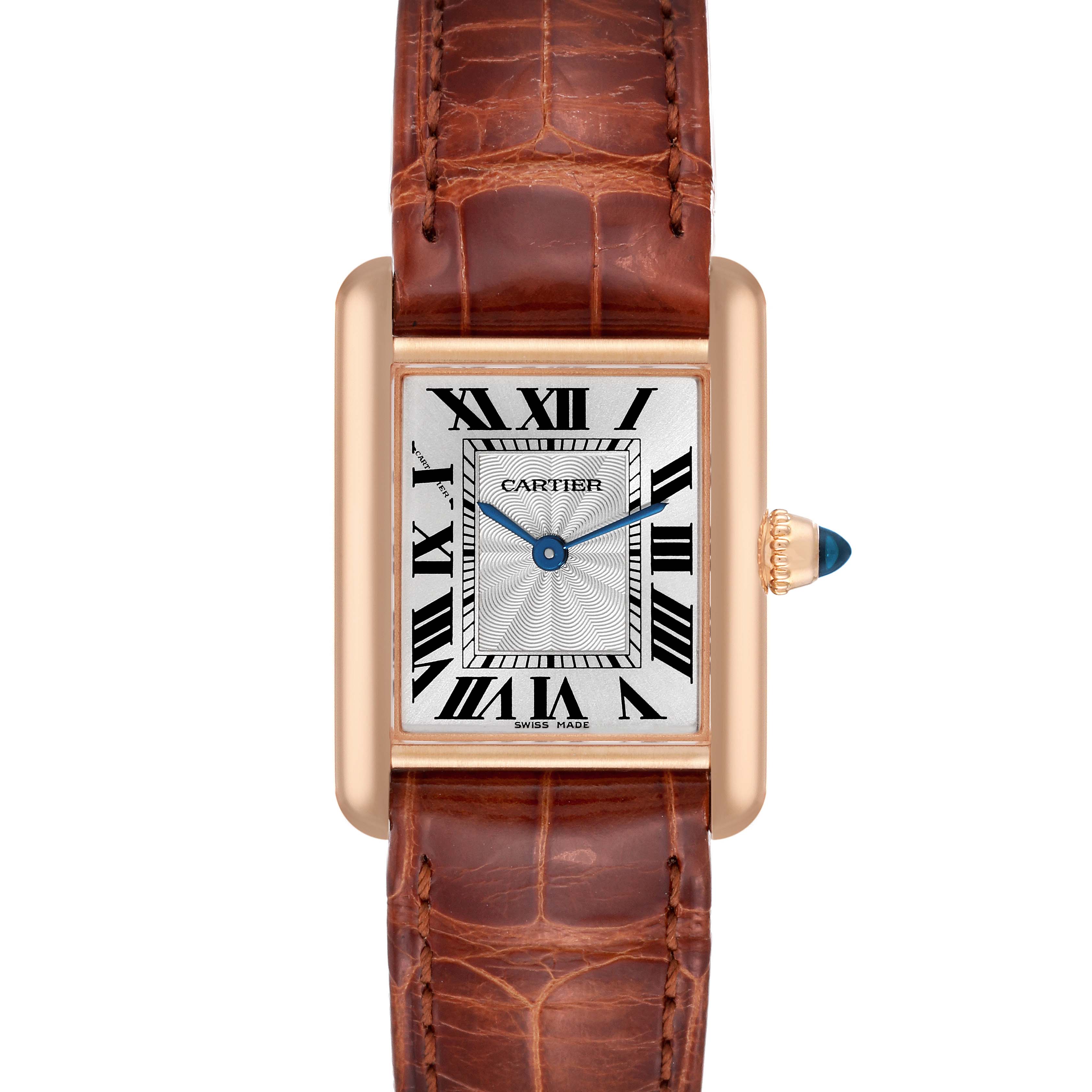 The front view of the Cartier Tank Louis WGTA0010 Women's Rose Gold Silver Dial WGTA0010 Women's Rose Gold Silver Dial watch shows the face with Roman numerals, gold case, brown leather strap, and a blue cabochon crown.