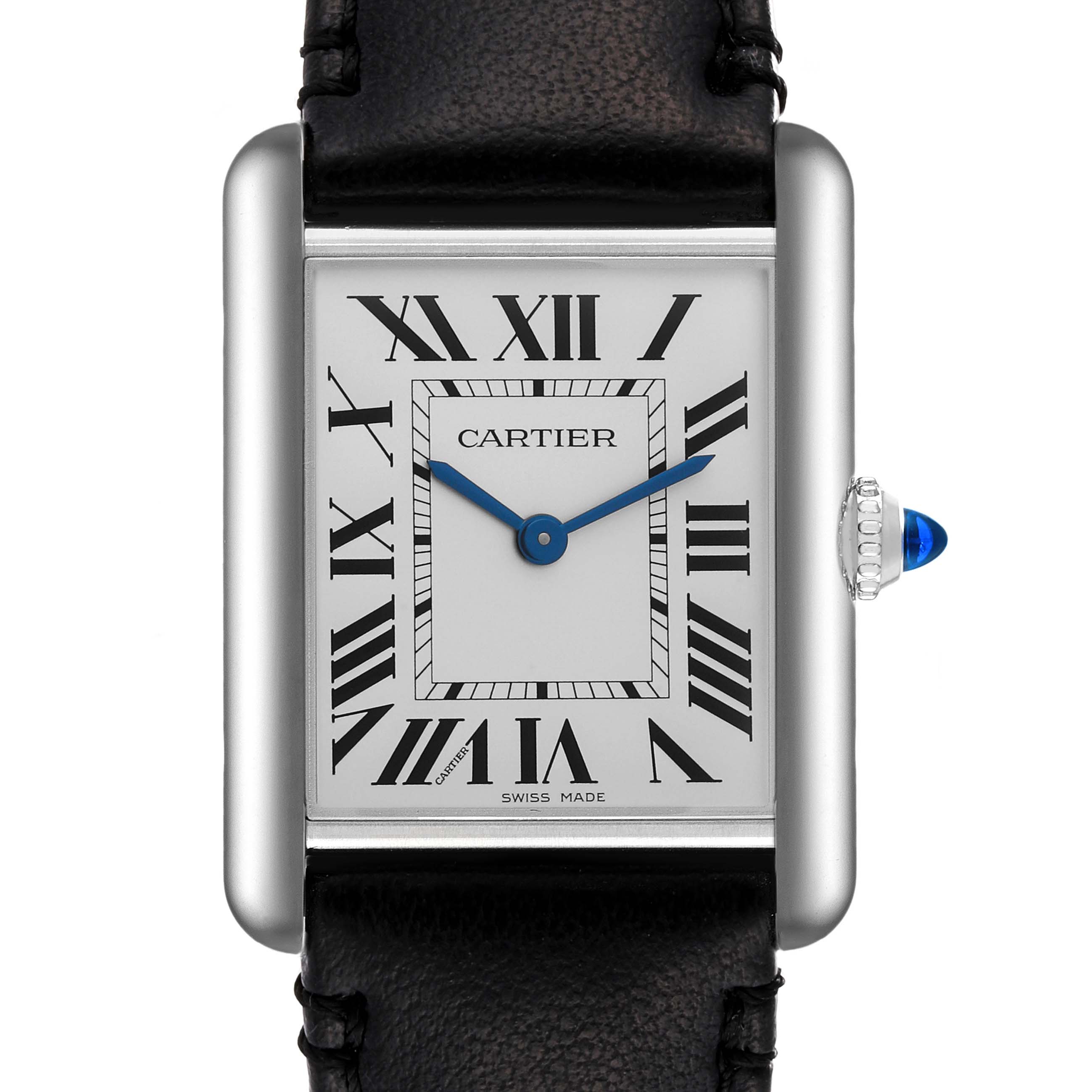 The image shows a close-up, front view of the Cartier Tank Must WSTA0059 Women's Stainless Steel Silver Dial WSTA0059 Women's Stainless Steel Silver Dial watch, highlighting the dial, hands, and a partial strap.