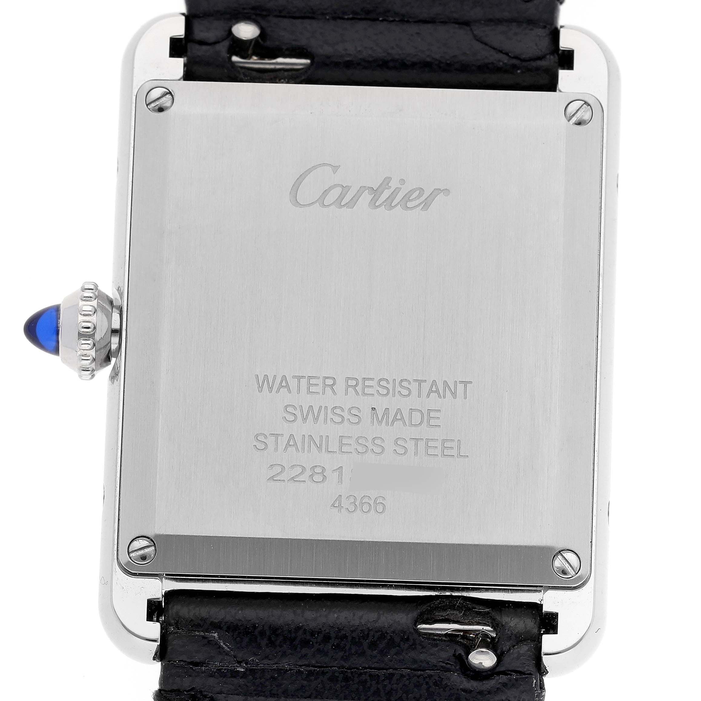 The image shows the back view of the Cartier Tank Must WSTA0059 Women's Stainless Steel Silver Dial WSTA0059 Women's Stainless Steel Silver Dial watch, highlighting its case back and strap connection.