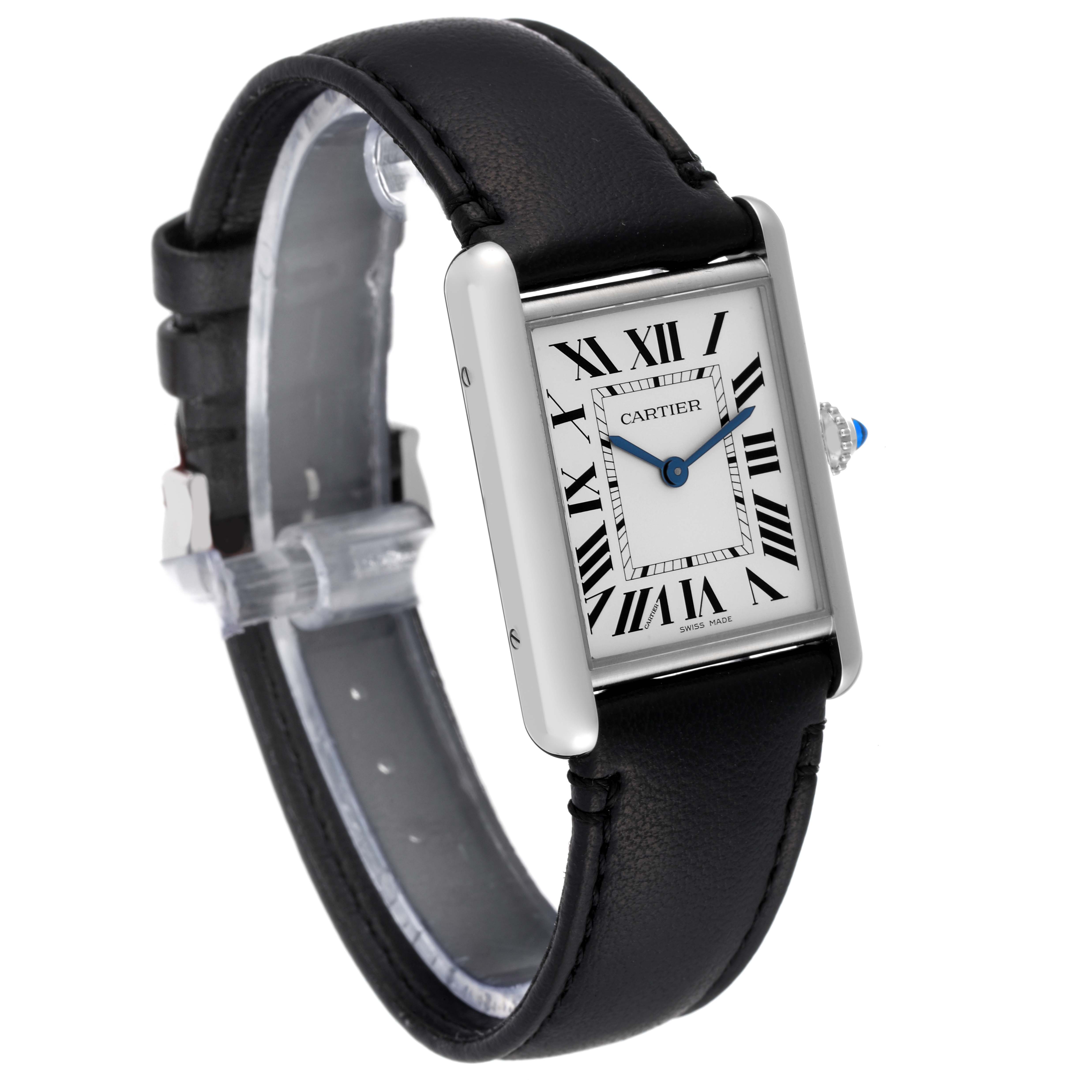 The image shows a Cartier Tank Must WSTA0059 Women's Stainless Steel Silver Dial WSTA0059 Women's Stainless Steel Silver Dial watch at an angled view, displaying the face with Roman numerals and part of the black leather strap.