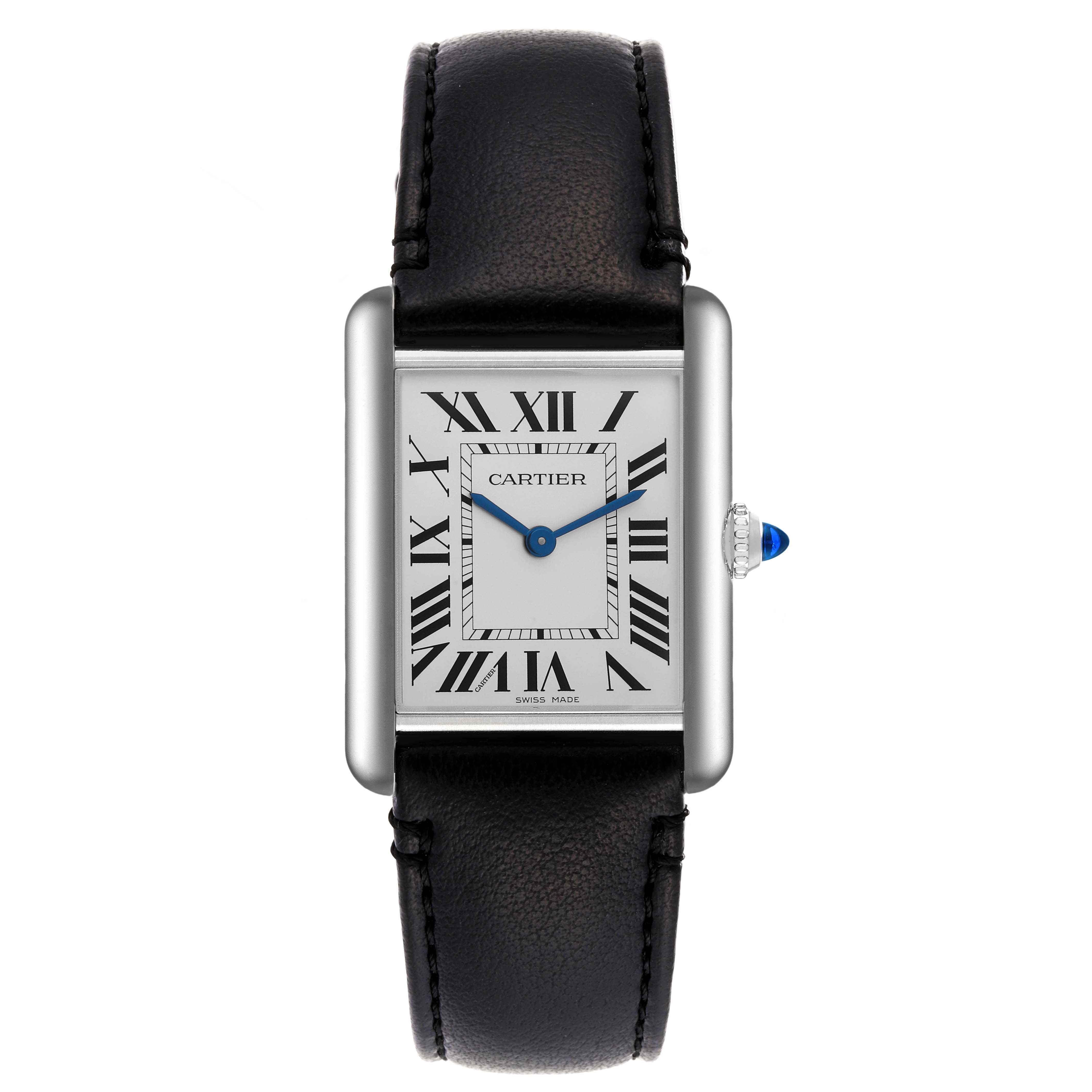 The image shows a Cartier Tank Must WSTA0059 Women's Stainless Steel Silver Dial WSTA0059 Women's Stainless Steel Silver Dial watch, viewed from the front, displaying the face, hands, and leather strap.