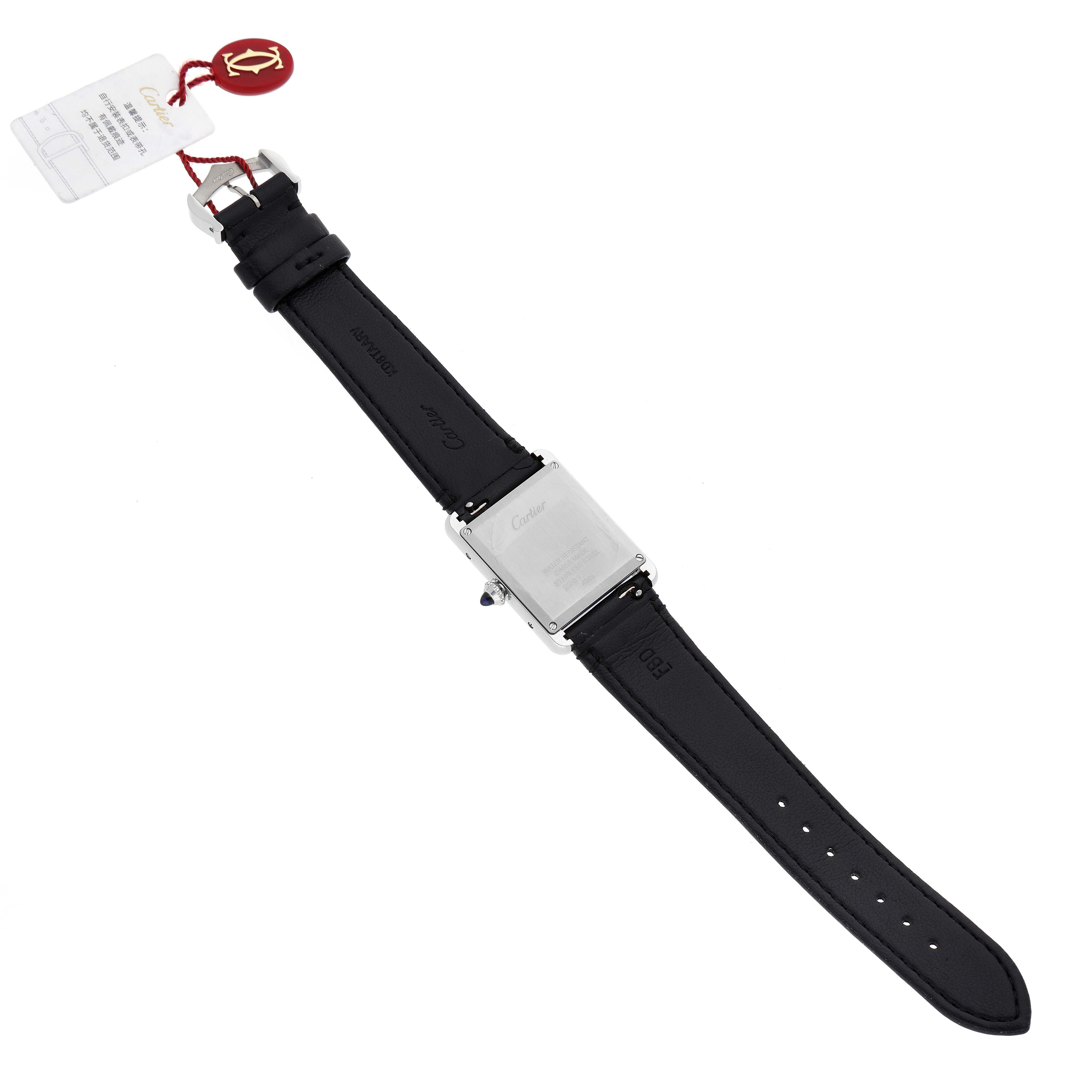 This image shows the back and strap of a Cartier Tank Must WSTA0059 Women's Stainless Steel Silver Dial WSTA0059 Women's Stainless Steel Silver Dial watch from a flat angle.