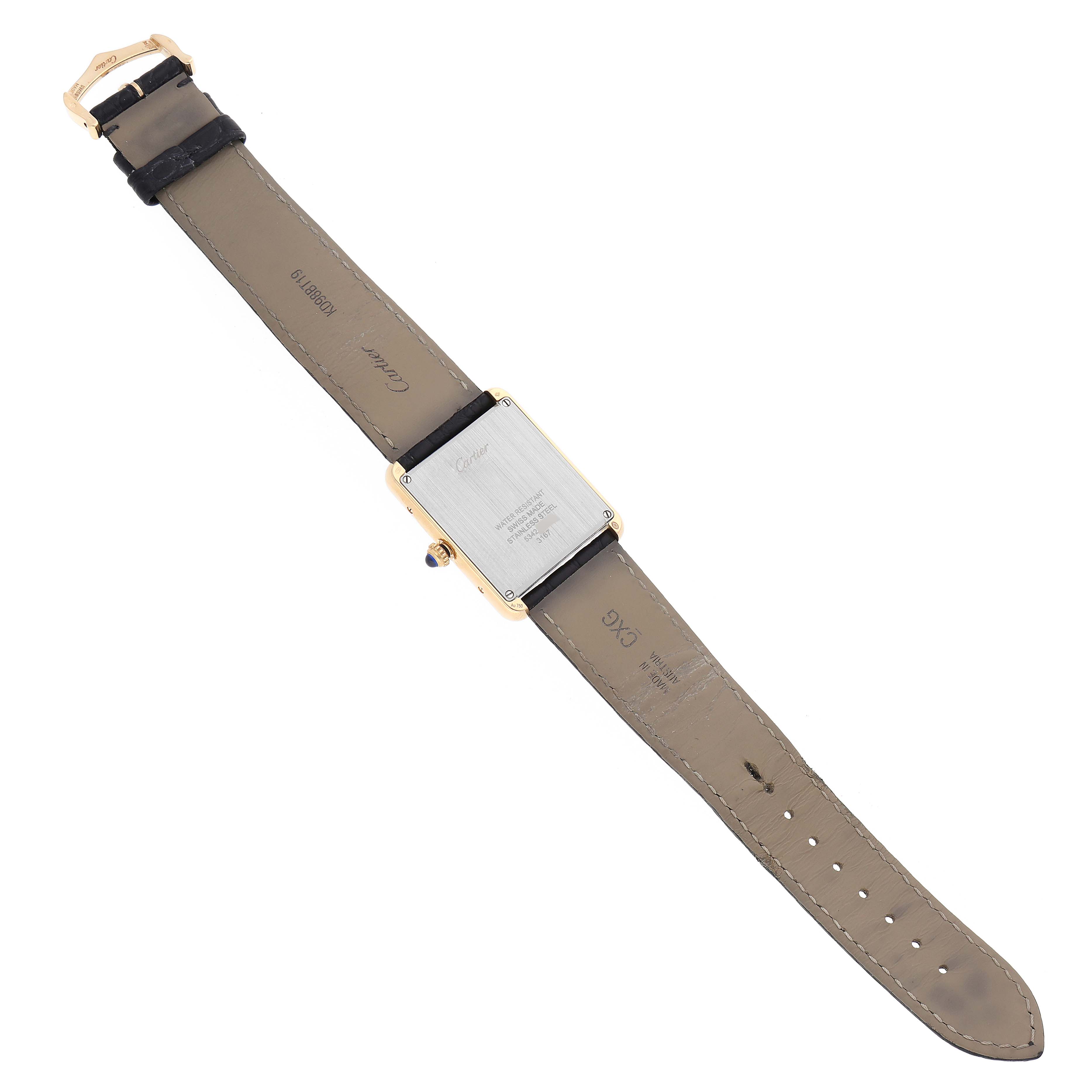 This image shows the back view of a Cartier Tank Solo W5200004 Men's Steel and Gold (two tone) Silver Dial W5200004 Men's Steel and Gold (two tone) Silver Dial watch, displaying the case back and entire strap.