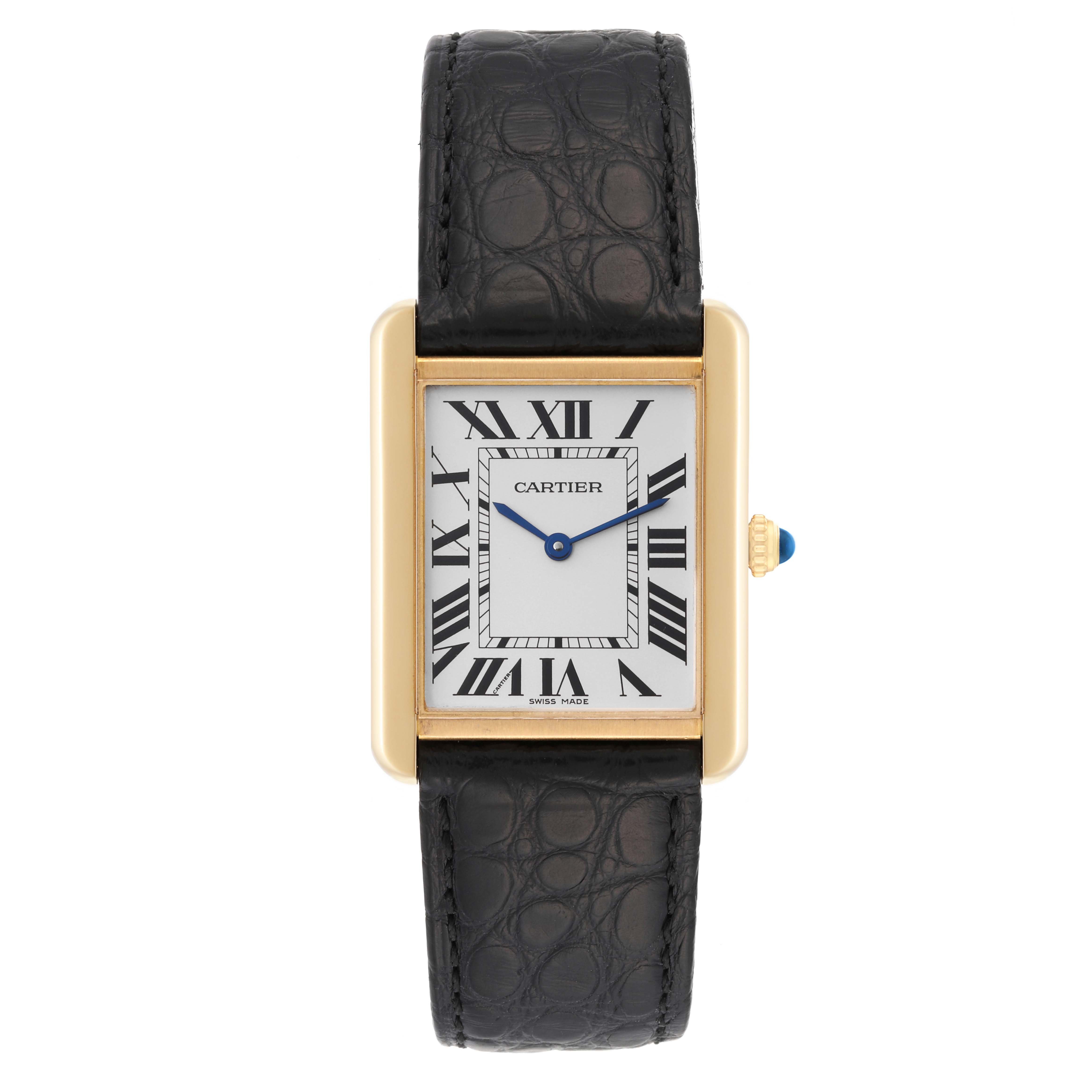 The image shows a front view of the Cartier Tank Solo W5200004 Men's Steel and Gold (two tone) Silver Dial W5200004 Men's Steel and Gold (two tone) Silver Dial watch, displaying its rectangular case, Roman numeral dial, blue hands, and black leather strap.