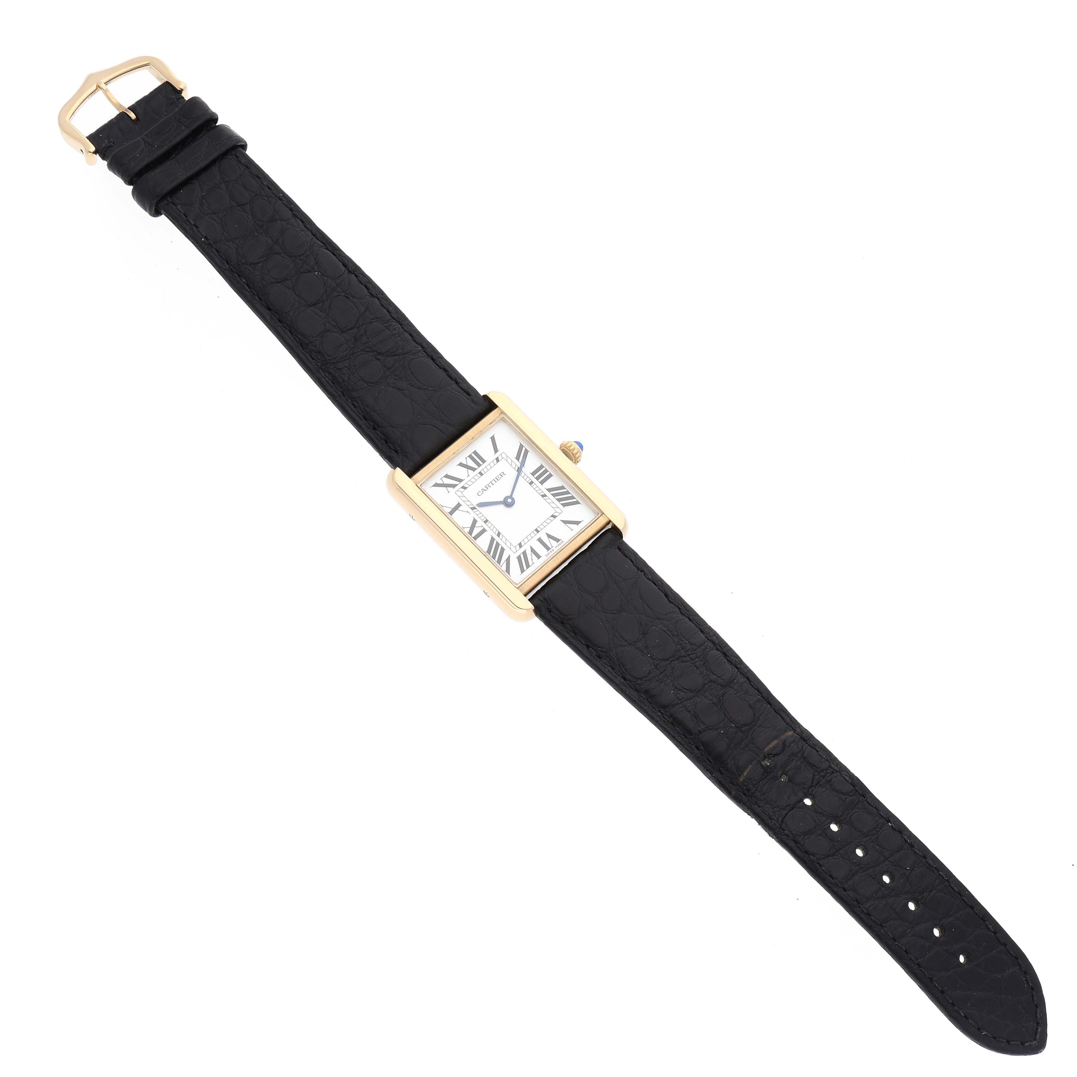 The image shows a top-down view of a Cartier Tank Solo W5200004 Men's Steel and Gold (two tone) Silver Dial W5200004 Men's Steel and Gold (two tone) Silver Dial watch, displaying the face, strap, and buckle.