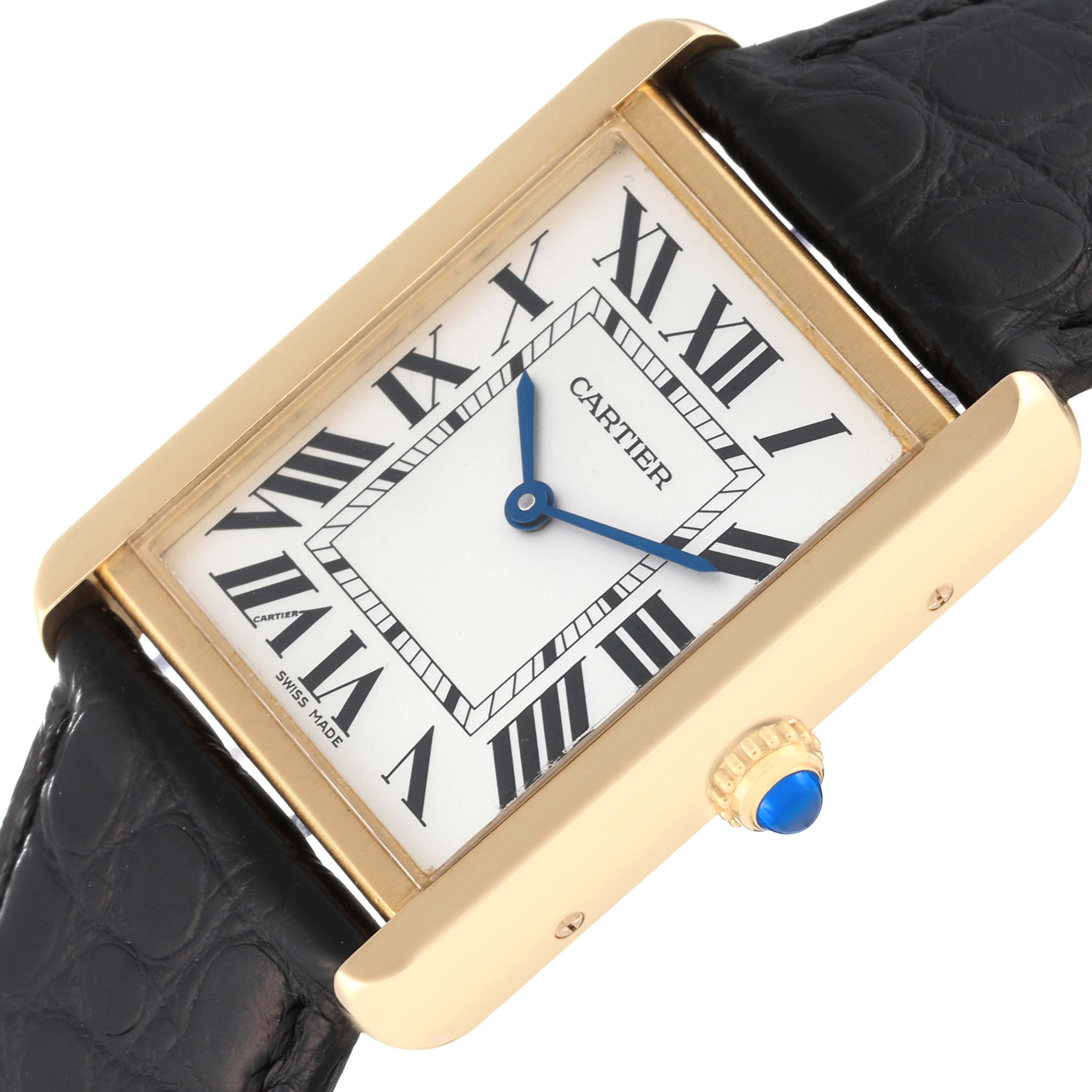 This image shows a close-up of the dial, case, and crown of the Cartier Tank Solo W5200004 Men's Steel and Gold (two tone) Silver Dial W5200004 Men's Steel and Gold (two tone) Silver Dial watch at an angled view.