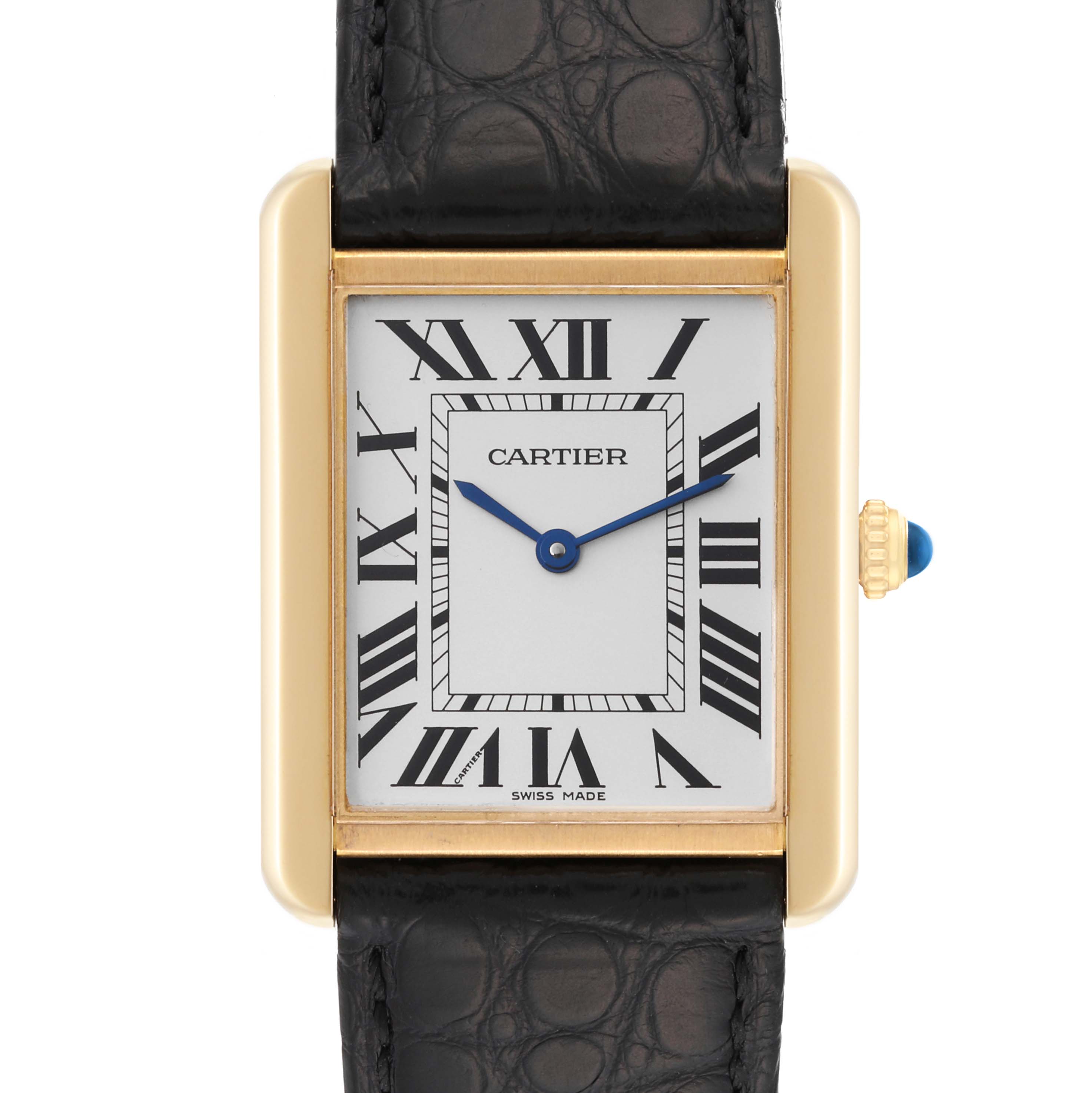 The image shows a front view of the Cartier Tank Solo W5200004 Men's Steel and Gold (two tone) Silver Dial W5200004 Men's Steel and Gold (two tone) Silver Dial watch, highlighting the face, hands, and strap.