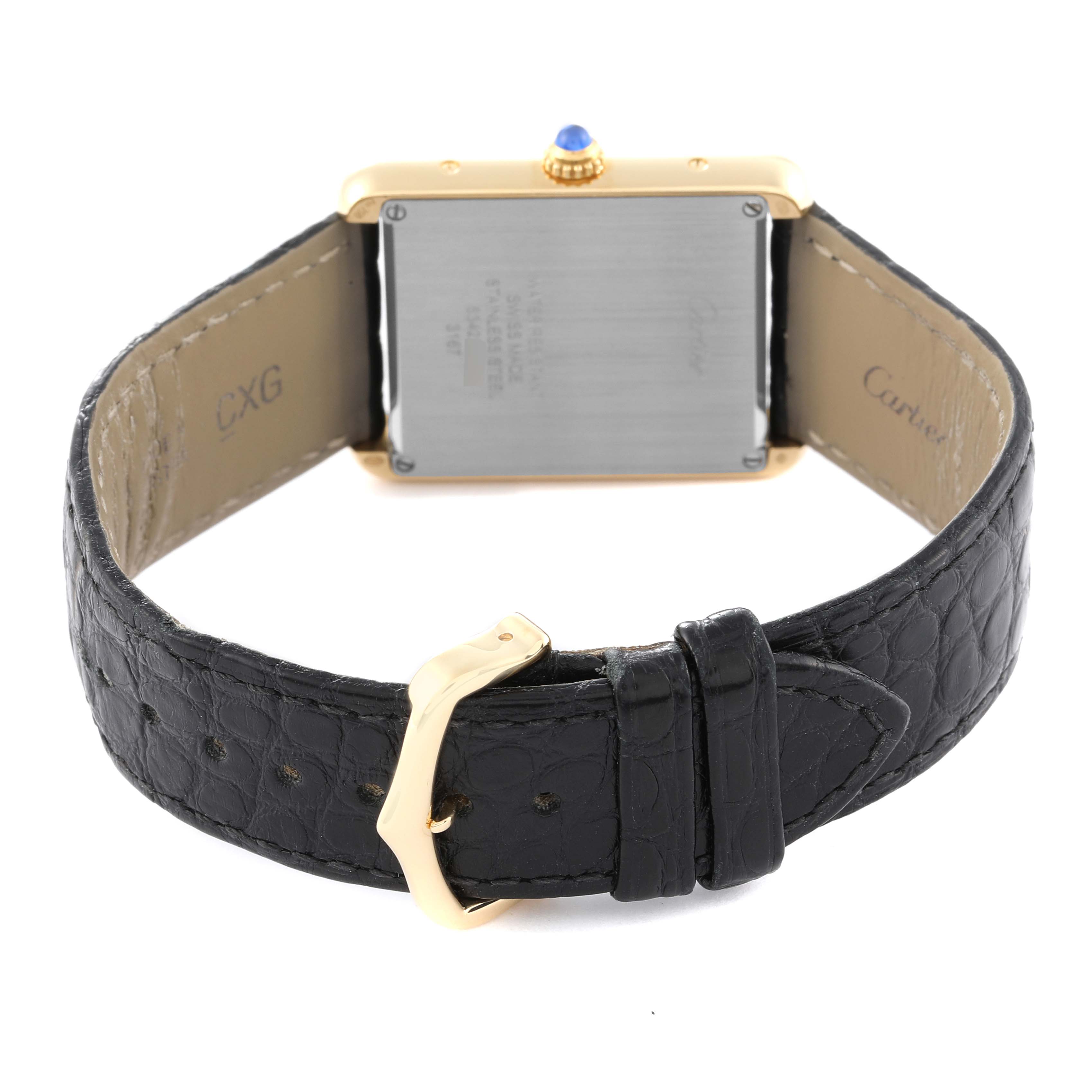 The image shows the back view of a Cartier Tank Solo W5200004 Men's Steel and Gold (two tone) Silver Dial W5200004 Men's Steel and Gold (two tone) Silver Dial watch, highlighting the case back, crown, and leather strap with buckle.