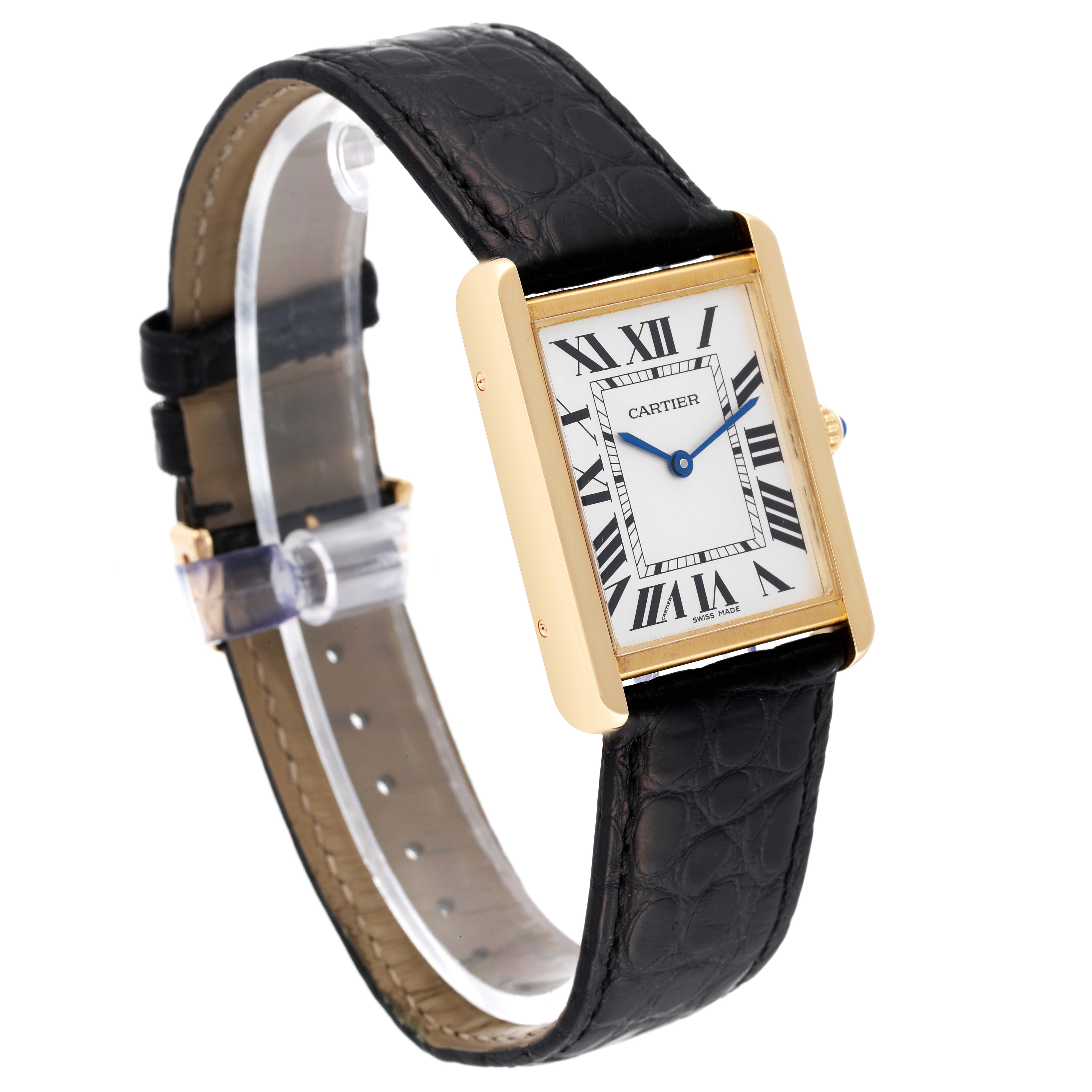 The image shows a Cartier Tank Solo W5200004 Men's Steel and Gold (two tone) Silver Dial W5200004 Men's Steel and Gold (two tone) Silver Dial watch at a three-quarter angle, displaying the face, strap, and side profile.
