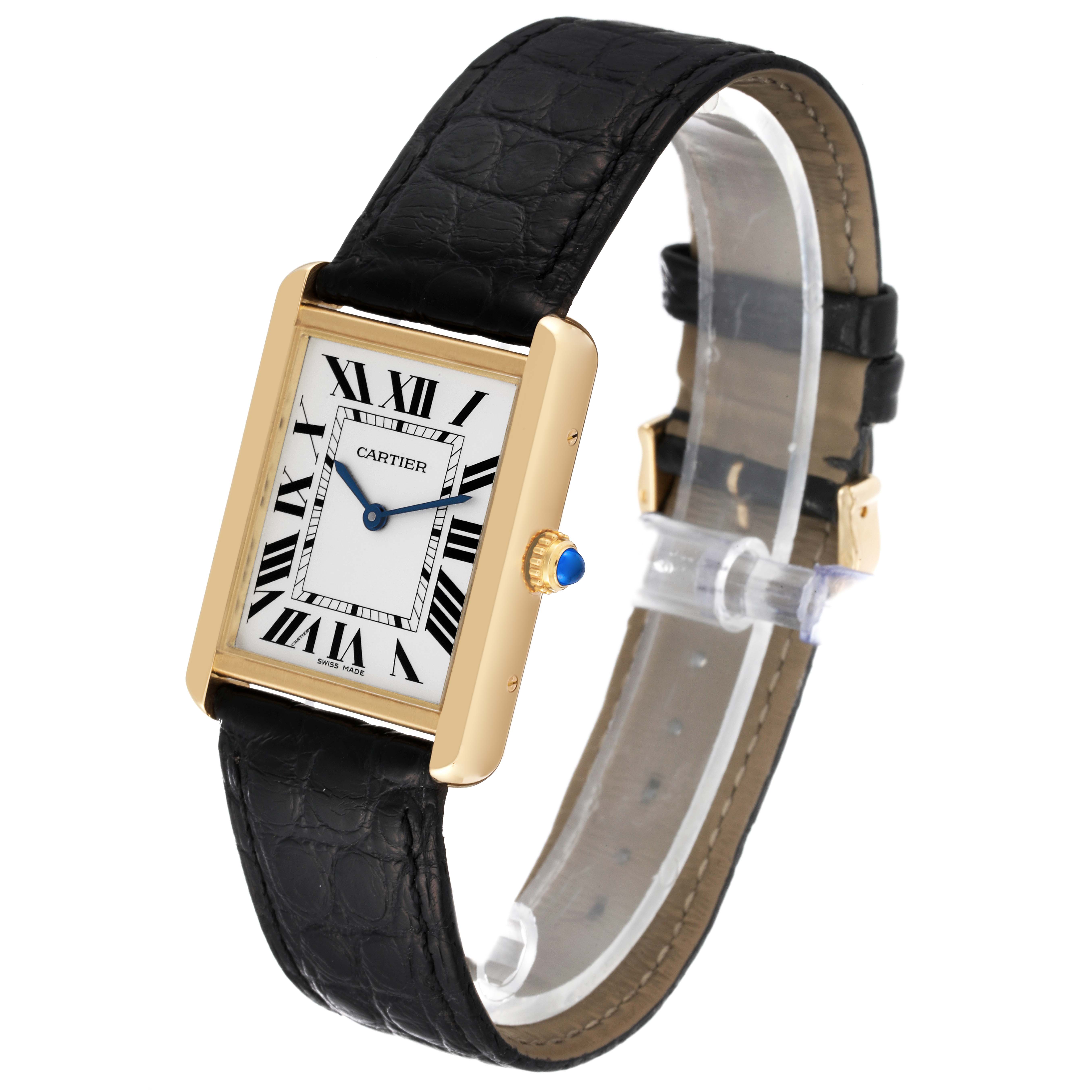The image shows a Cartier Tank Solo W5200004 Men
s Steel and Gold (two tone) Silver Dial W5200004 Men
s Steel and Gold (two tone) Silver Dial watch at an angle displaying its rectangular face, Roman numeral dial, black leather strap, and gold casing.