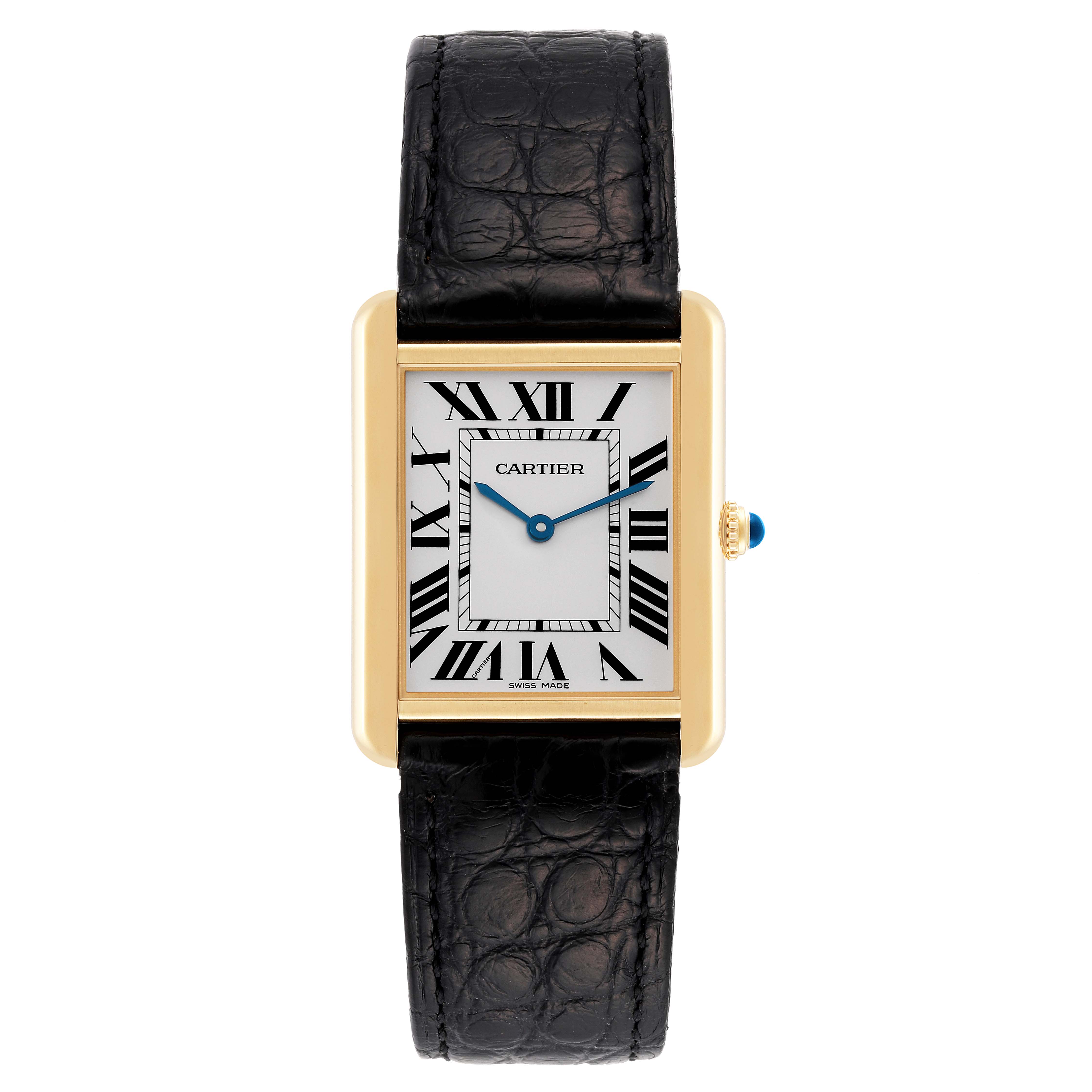 This image shows a front view of a Cartier Tank Solo W5200004 Men
s Steel and Gold (two tone) Silver Dial W5200004 Men
s Steel and Gold (two tone) Silver Dial watch displaying its dial, strap, and casing.