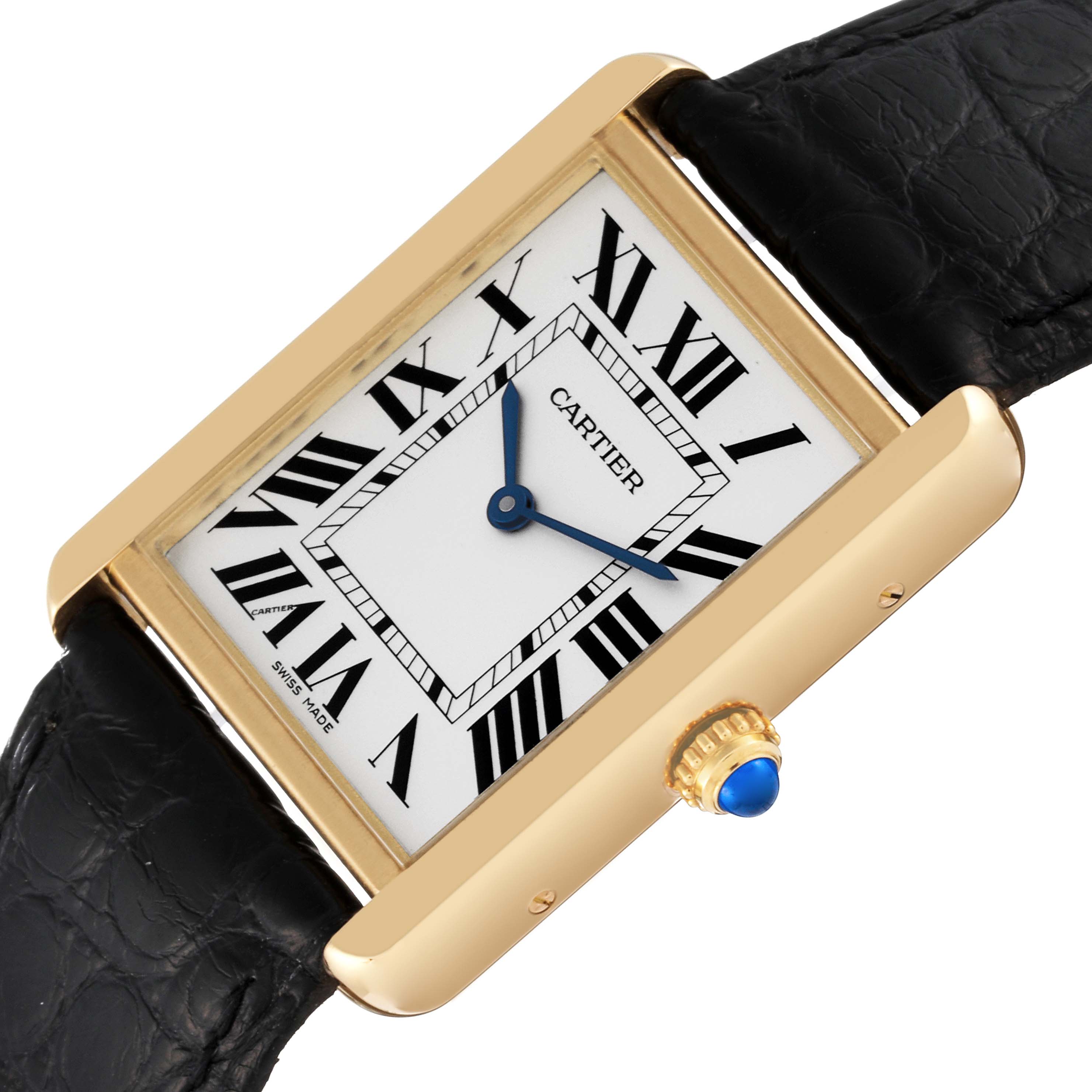 The image shows a Cartier Tank Solo W5200004 Men
s Steel and Gold (two tone) Silver Dial W5200004 Men
s Steel and Gold (two tone) Silver Dial watch at an angle displaying the face, crown, and part of the black leather strap.