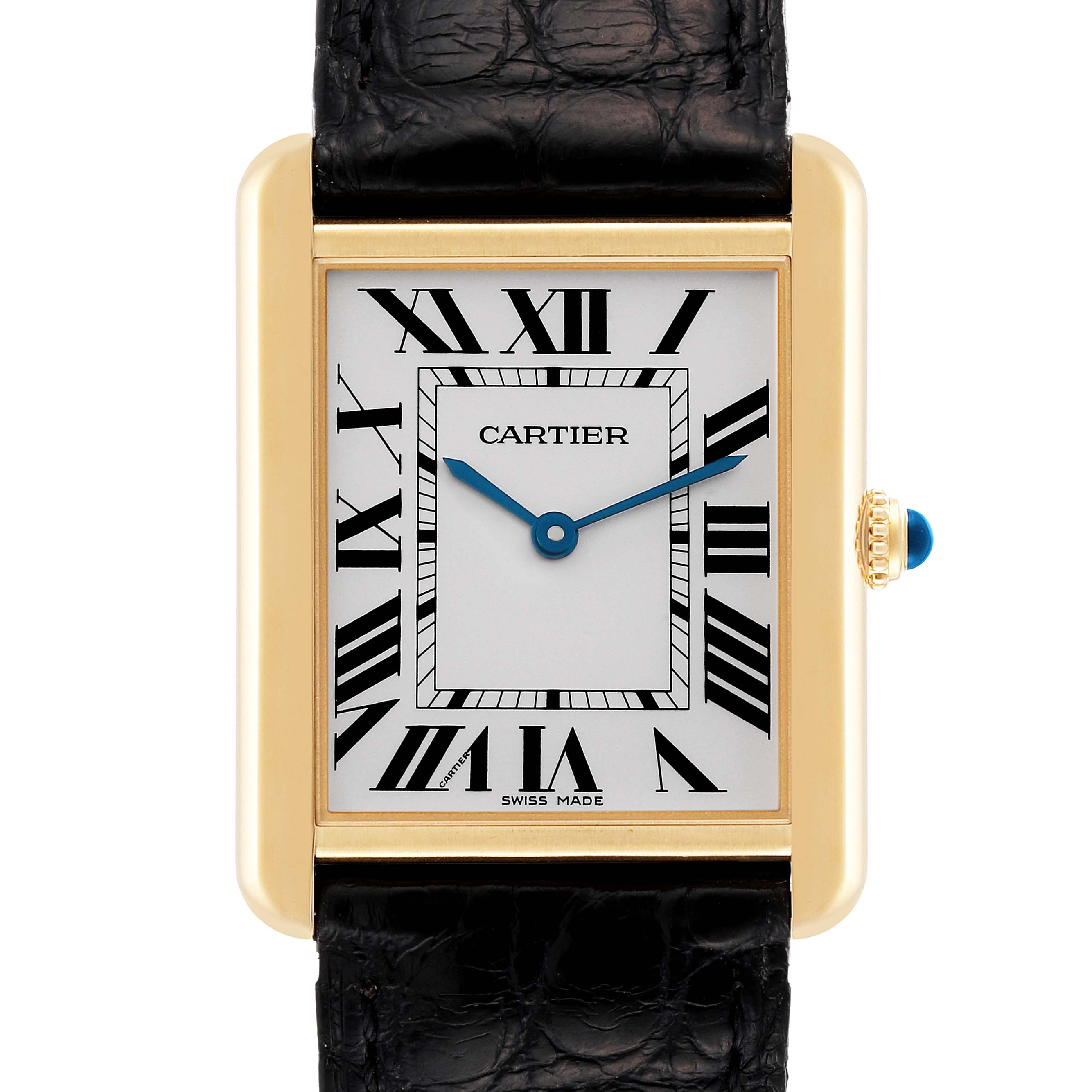 The image shows a front view of the Cartier Tank Solo W5200004 Men
s Steel and Gold (two tone) Silver Dial W5200004 Men
s Steel and Gold (two tone) Silver Dial watch, displaying its rectangular dial, Roman numerals, blue hands, and black leather strap.