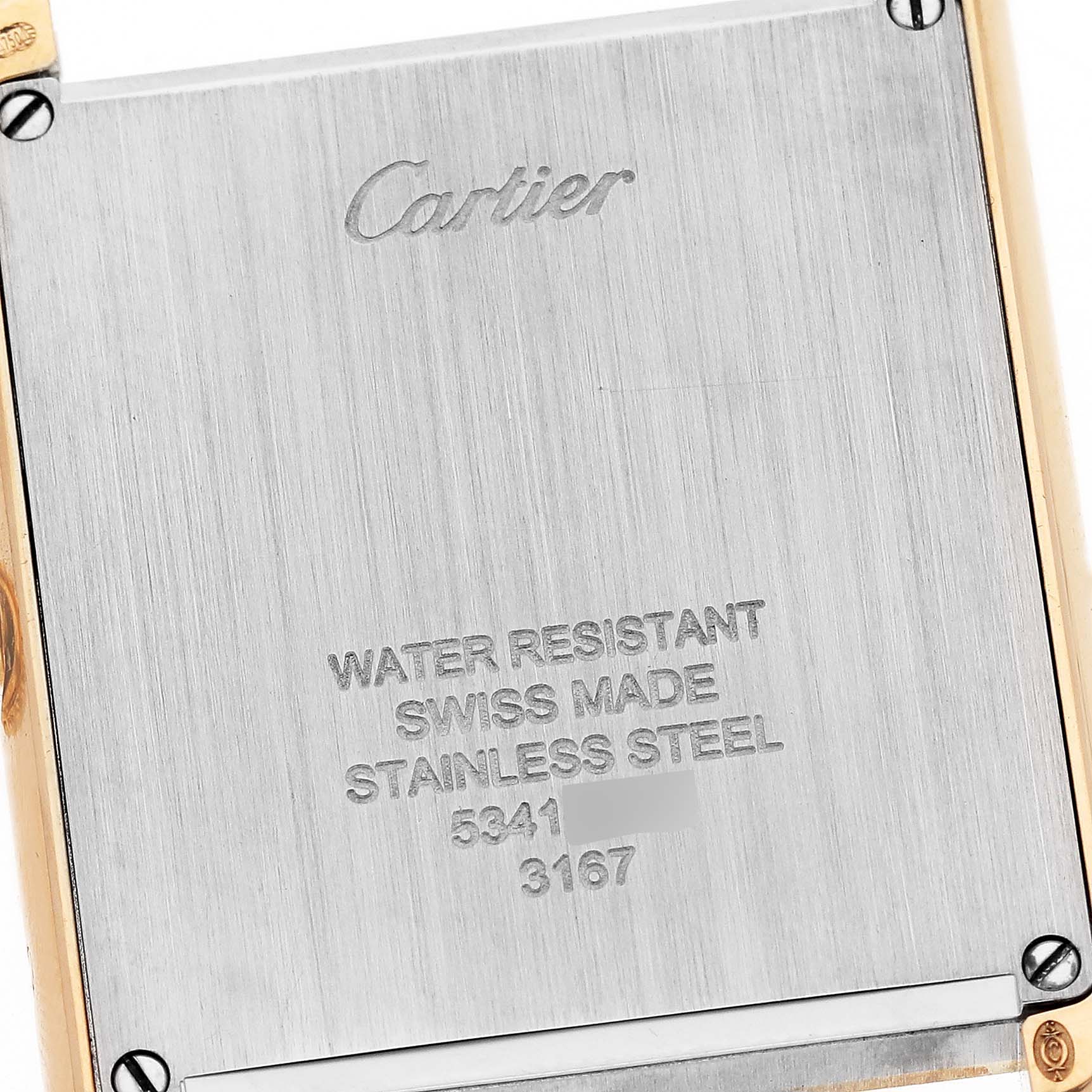 This image shows the back case of a Cartier Tank Solo W5200004 Men
s Steel and Gold (two tone) Silver Dial W5200004 Men
s Steel and Gold (two tone) Silver Dial watch, highlighting brand engraving and specifications.