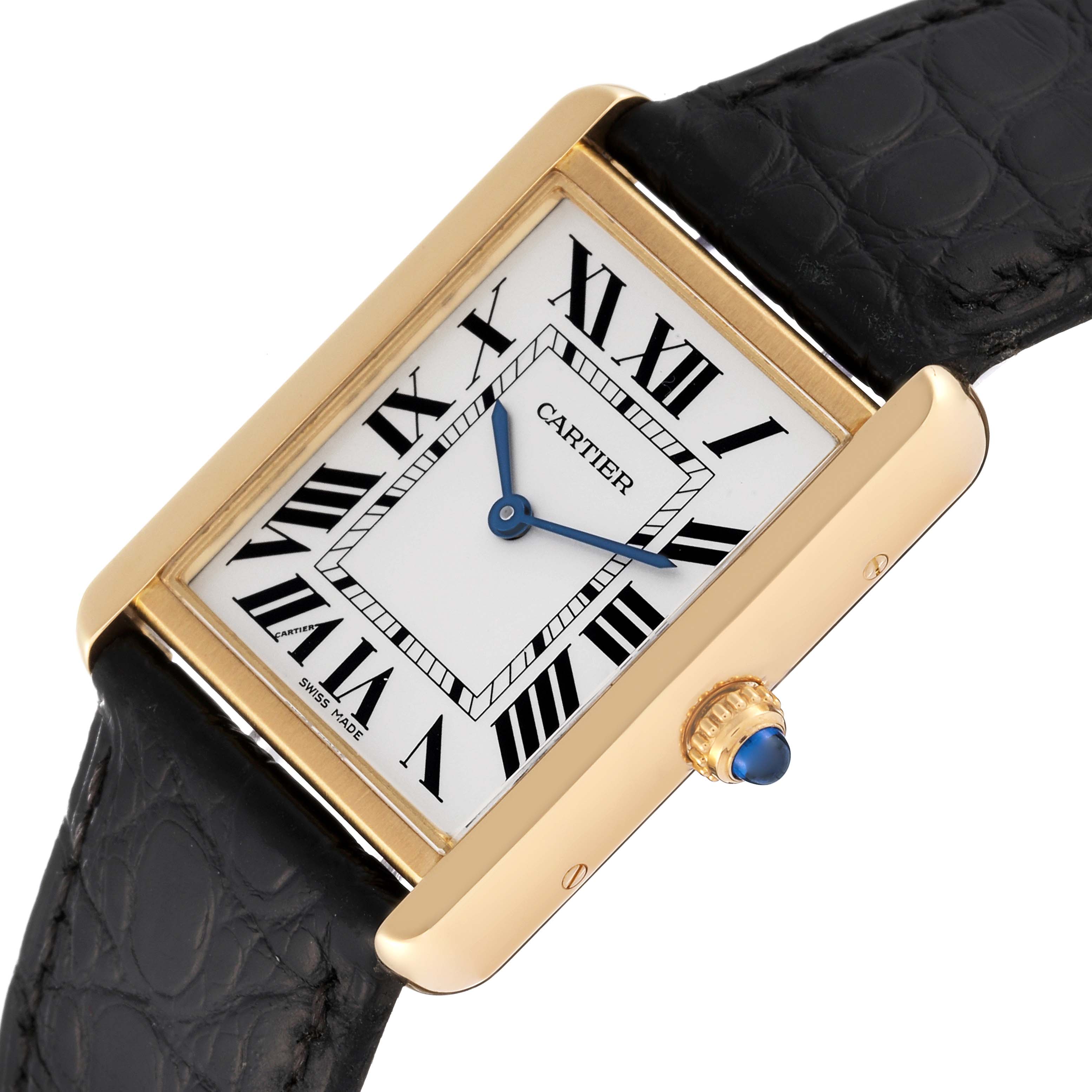 This image shows a close-up, angled view of the dial and crown of the Cartier Tank Solo W5200004 Men
s Steel and Gold (two tone) Silver Dial W5200004 Men
s Steel and Gold (two tone) Silver Dial watch.