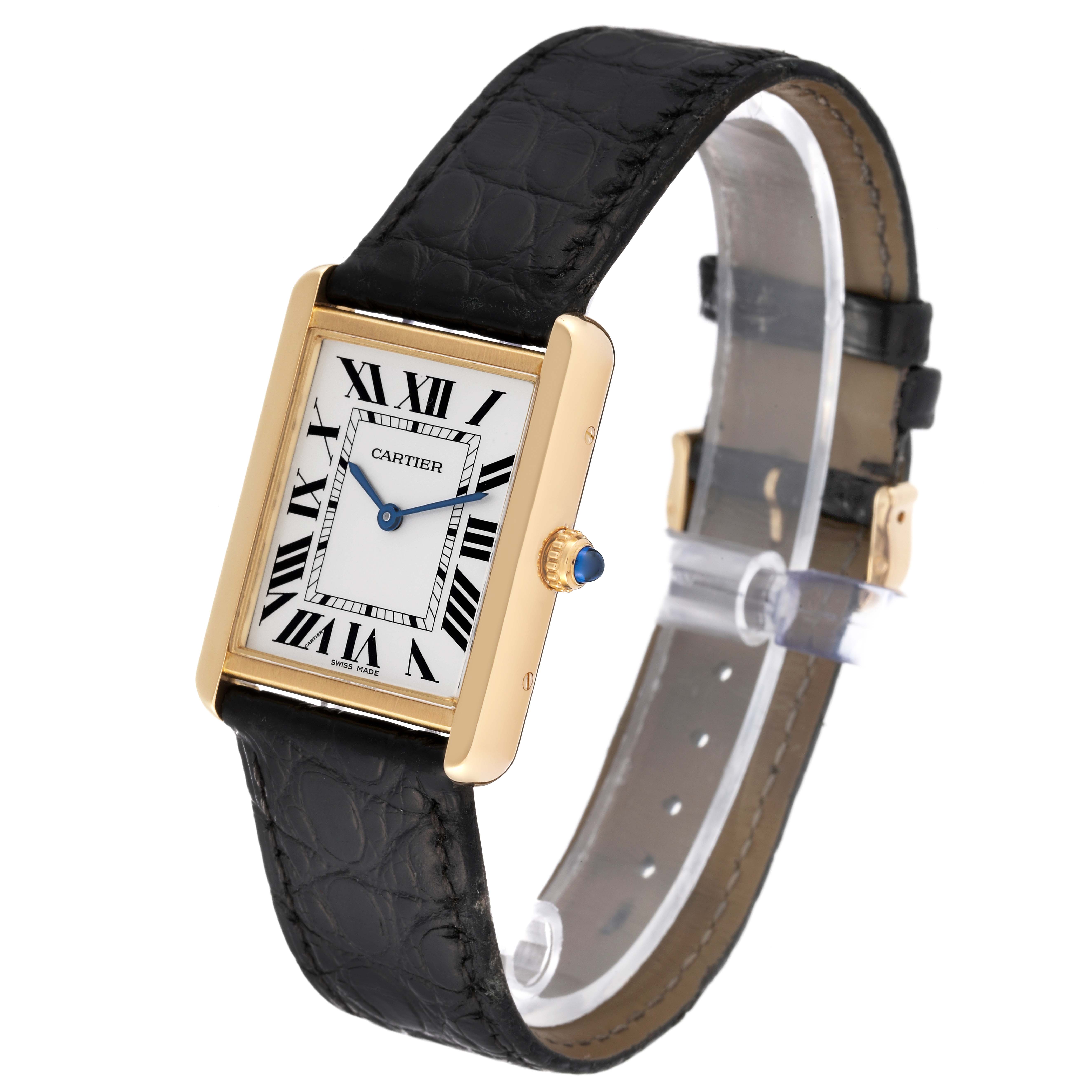 The image shows a Cartier Tank Solo W5200004 Men
s Steel and Gold (two tone) Silver Dial W5200004 Men
s Steel and Gold (two tone) Silver Dial watch from an angled side view, highlighting the face, strap, and crown.