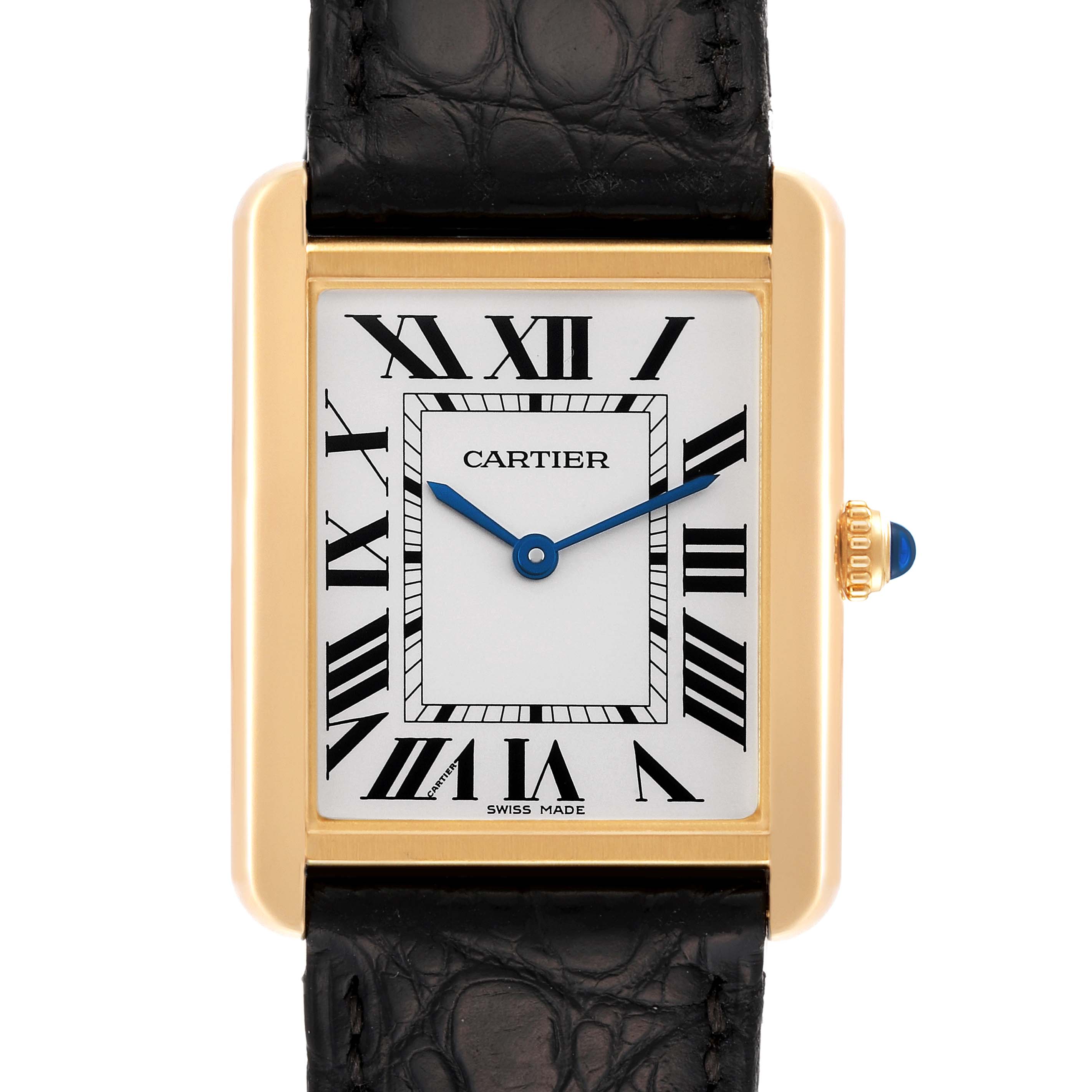 The image shows a front view of the Cartier Tank Solo W5200004 Men
s Steel and Gold (two tone) Silver Dial W5200004 Men
s Steel and Gold (two tone) Silver Dial model, highlighting the dial, case, strap, and crown.