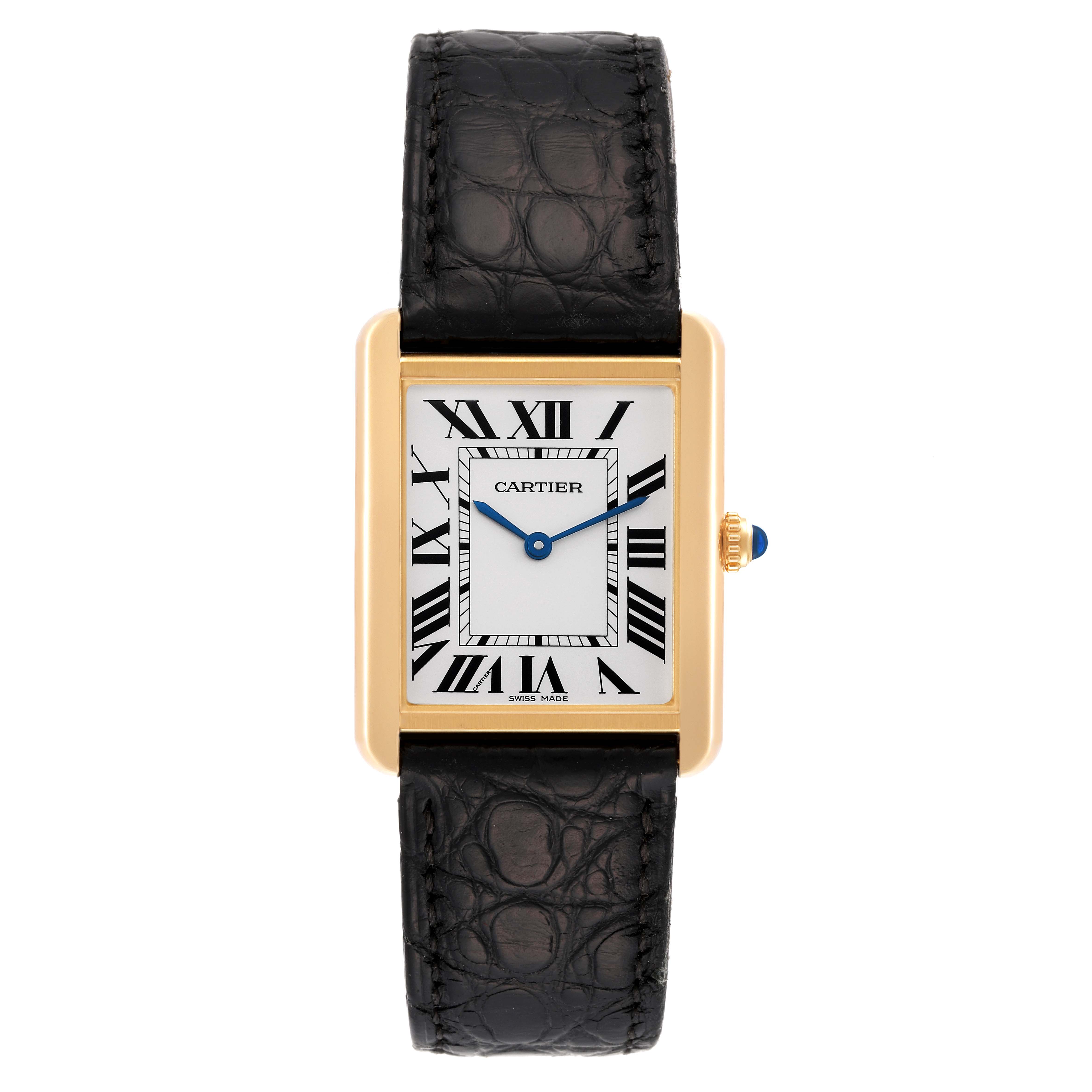 The image shows a Cartier Tank Solo W5200004 Men
s Steel and Gold (two tone) Silver Dial W5200004 Men
s Steel and Gold (two tone) Silver Dial watch from the front, featuring its rectangular dial, Roman numerals, black strap, and gold case.