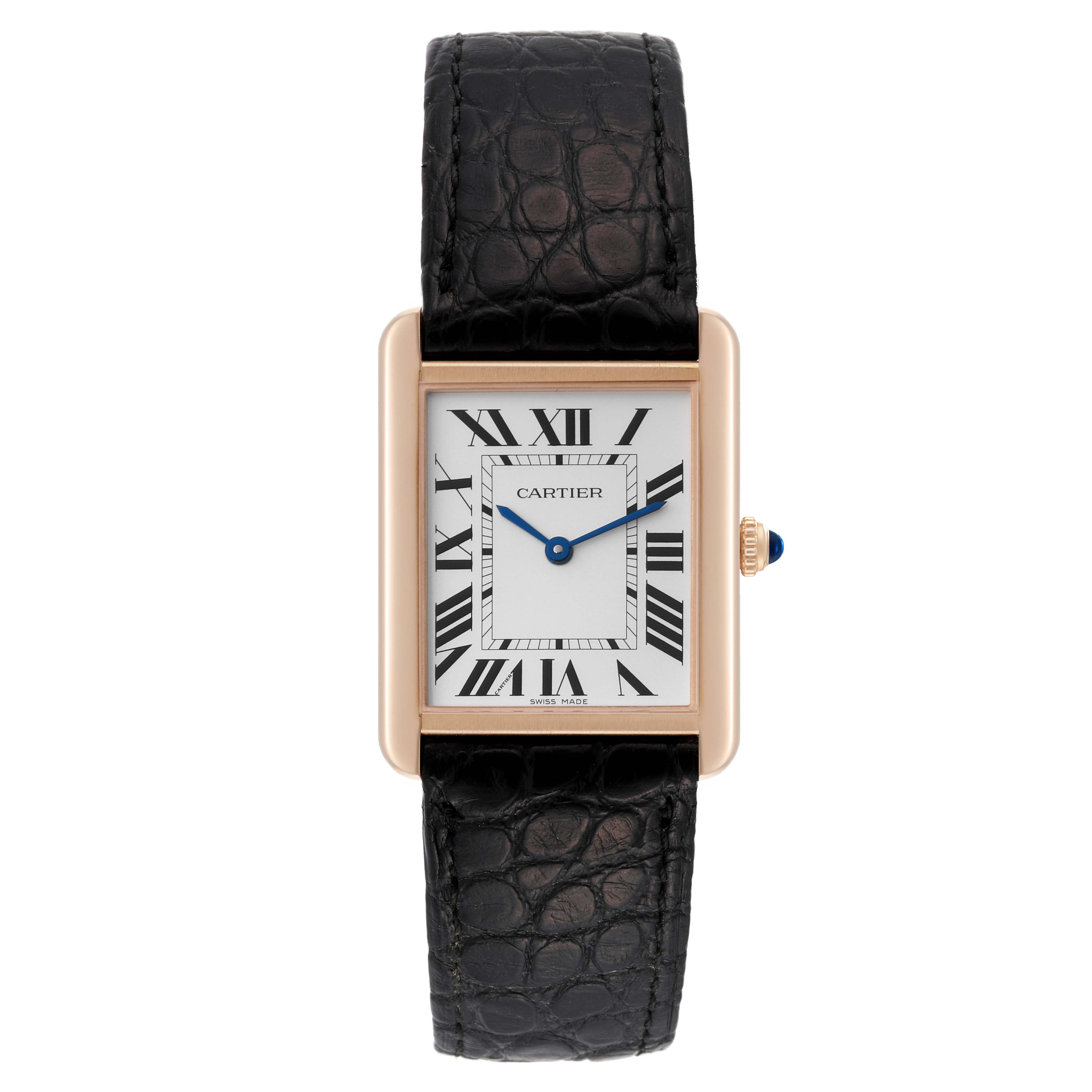 This image shows a Cartier Tank Solo W5200025 Men's Steel and Gold (two tone) Silver Dial W5200025 Men's Steel and Gold (two tone) Silver Dial watch from a front angle, highlighting its face, black leather strap, and crown with a blue cabochon.