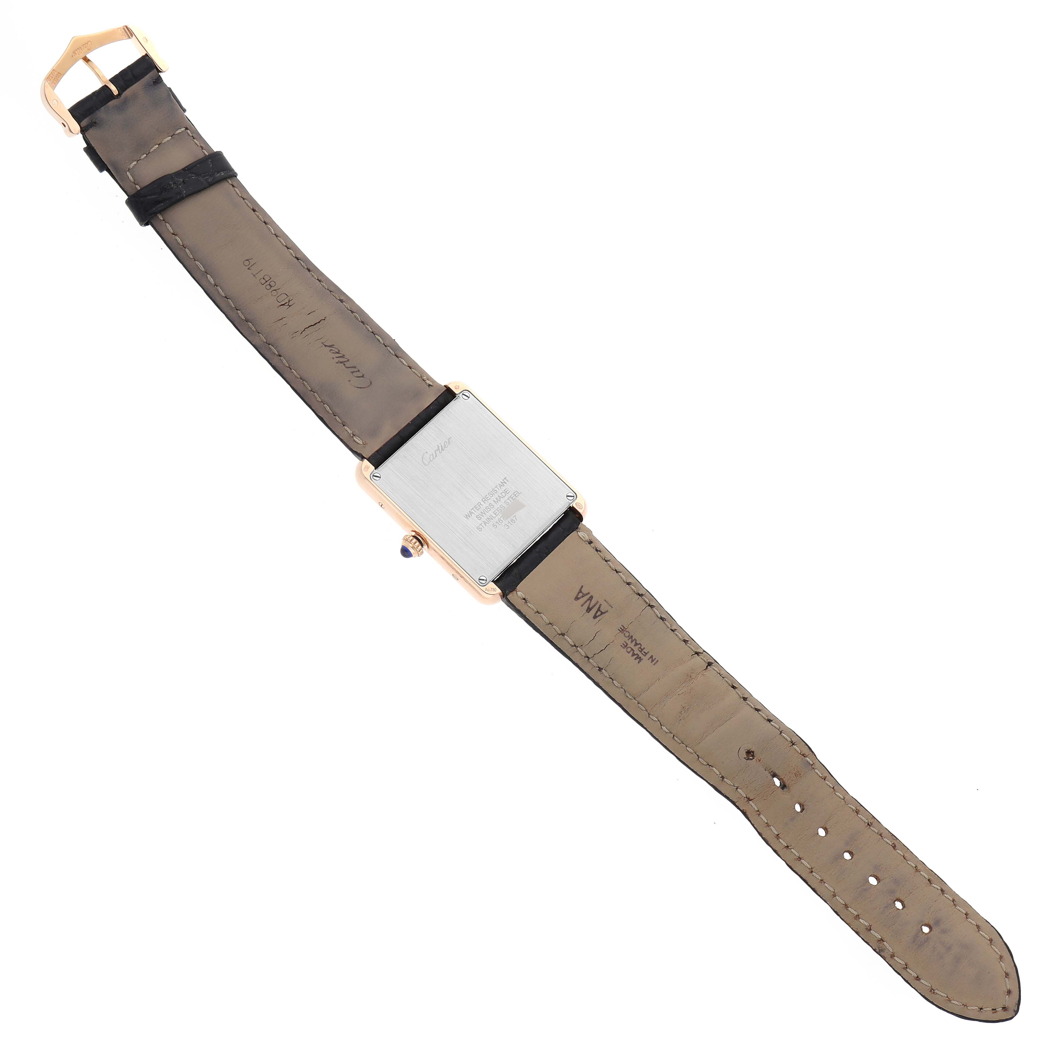 The image shows the back view of a Cartier Tank Solo W5200025 Men's Steel and Gold (two tone) Silver Dial W5200025 Men's Steel and Gold (two tone) Silver Dial watch with its strap fully extended.