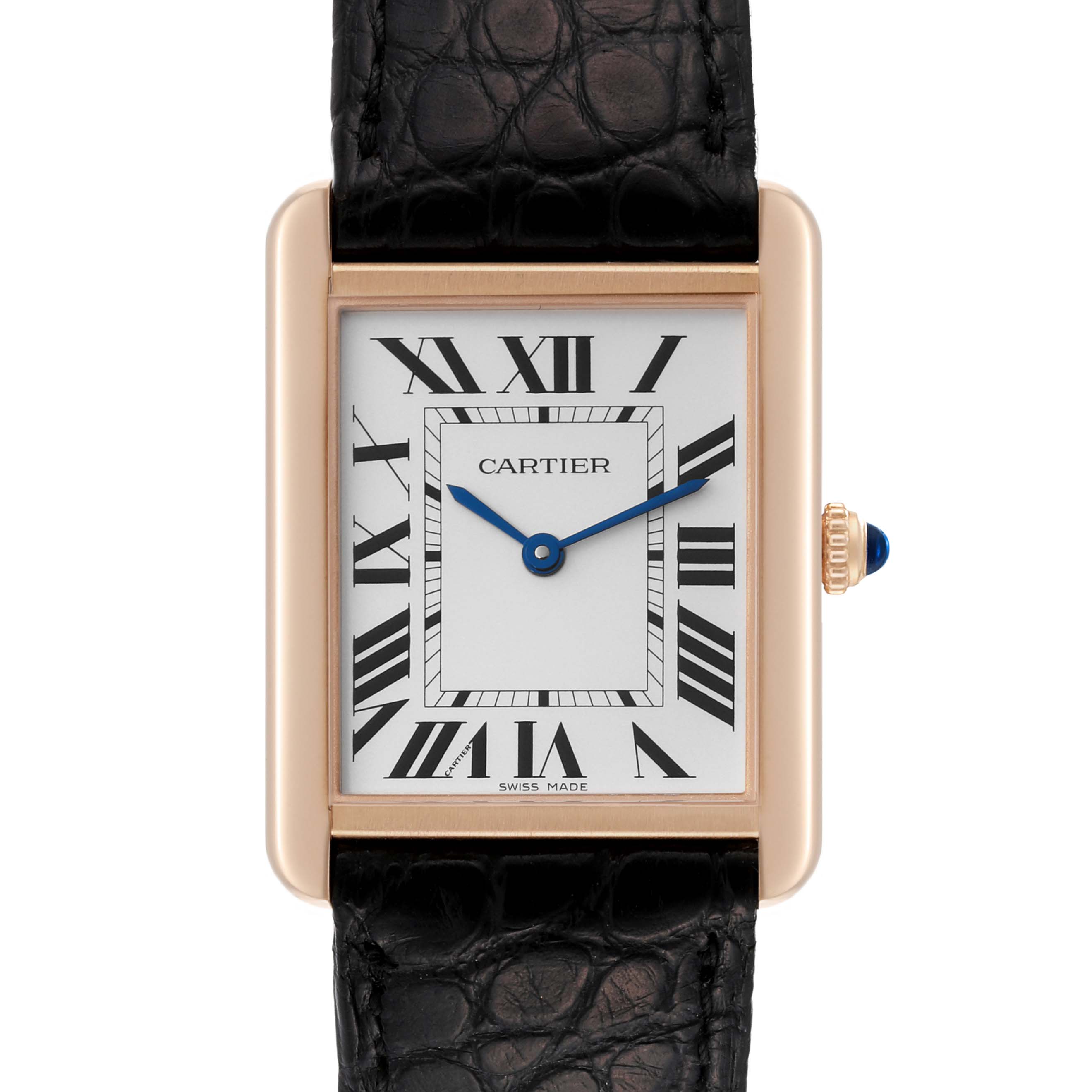 The image shows a frontal view of a Cartier Tank Solo W5200025 Men's Steel and Gold (two tone) Silver Dial W5200025 Men's Steel and Gold (two tone) Silver Dial watch, displaying the face, case, and part of the strap.