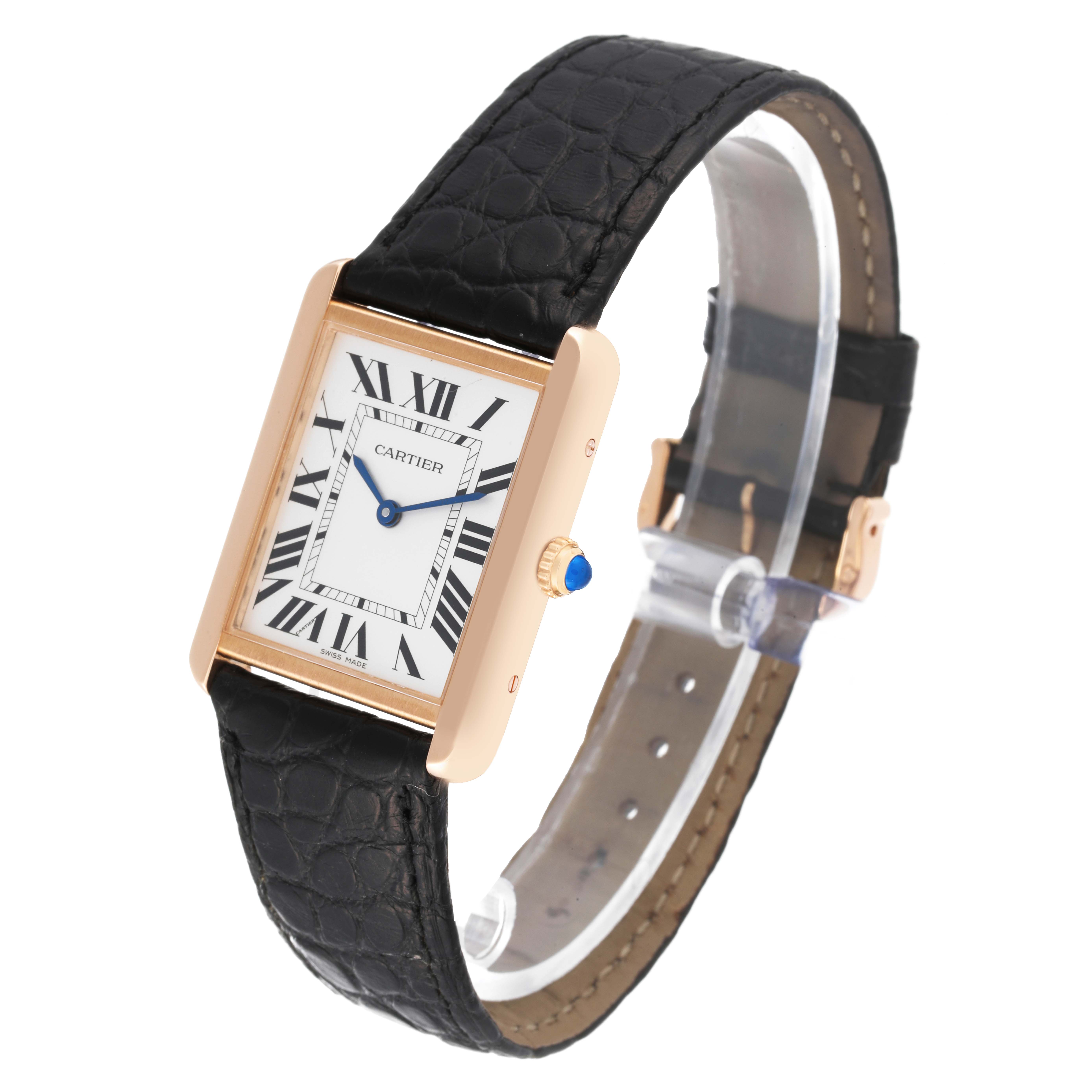 The image shows a Cartier Tank Solo W5200025 Men's Steel and Gold (two tone) Silver Dial W5200025 Men's Steel and Gold (two tone) Silver Dial watch at a slight angle, highlighting the rectangular face, black leather strap, and blue cabochon crown.