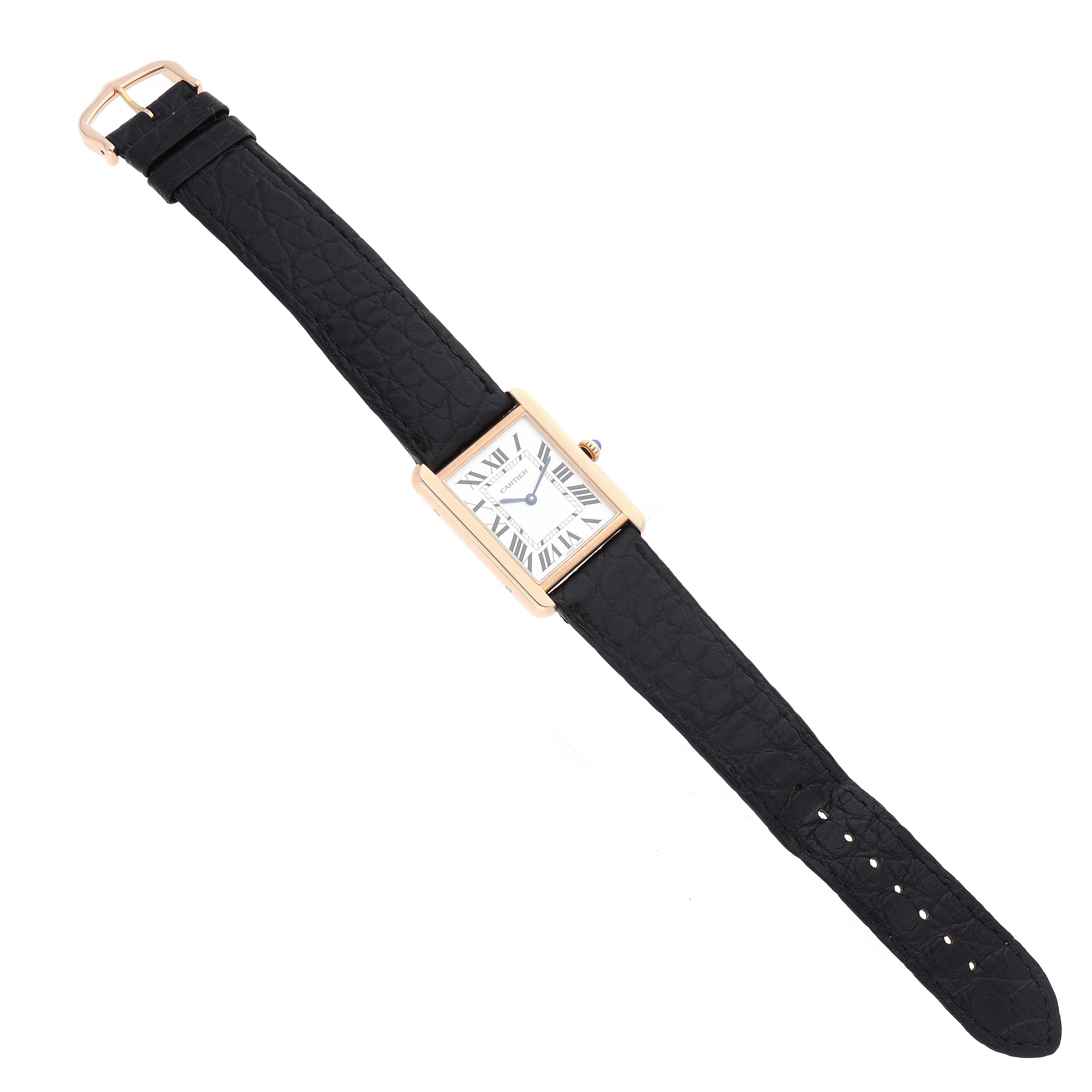 The Cartier Tank Solo W5200025 Men's Steel and Gold (two tone) Silver Dial W5200025 Men's Steel and Gold (two tone) Silver Dial watch is shown in a flat, fully extended position, displaying the face, case, and full strap.