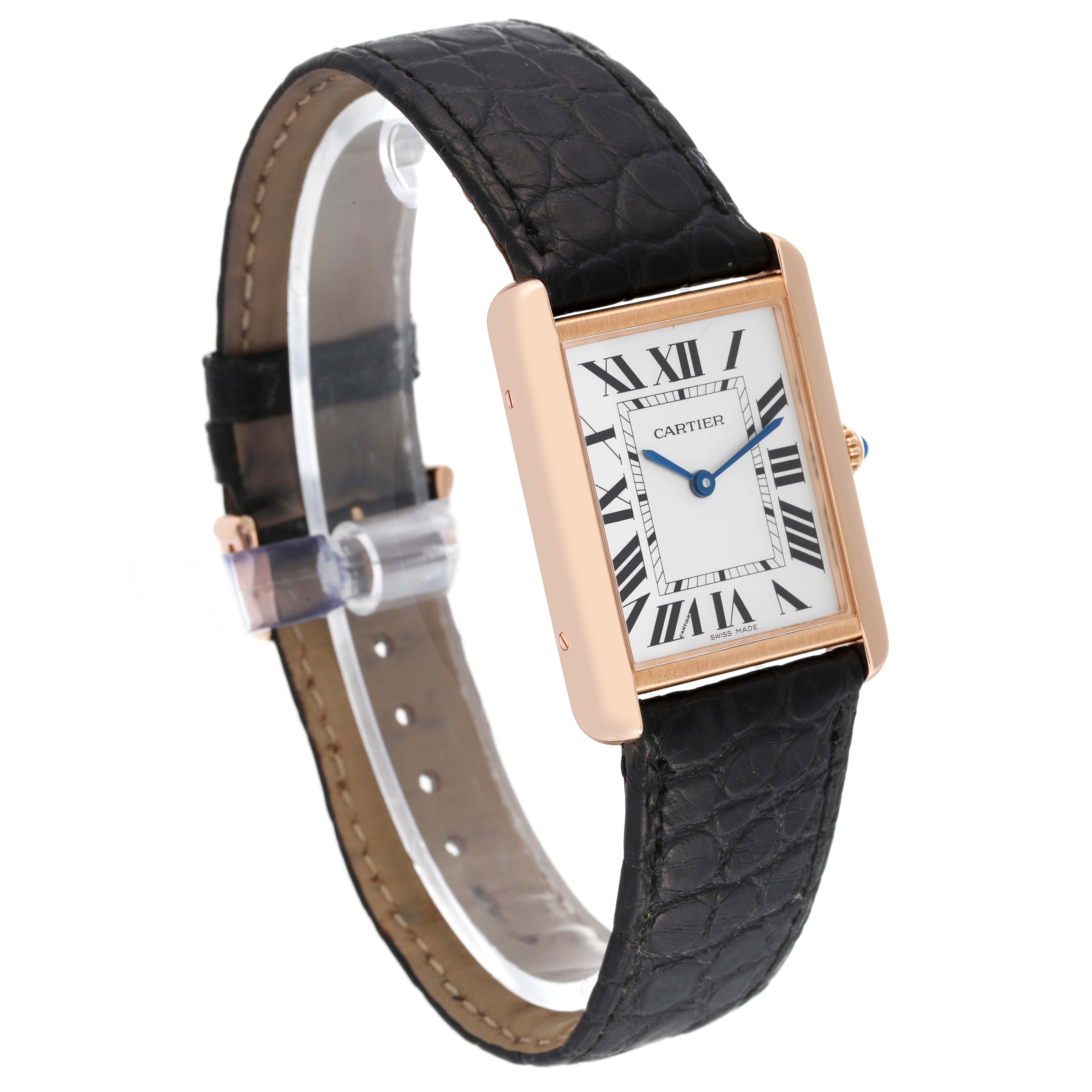 The Cartier Tank Solo W5200025 Men's Steel and Gold (two tone) Silver Dial W5200025 Men's Steel and Gold (two tone) Silver Dial watch is shown at an angled side view, highlighting the face, strap, and case.