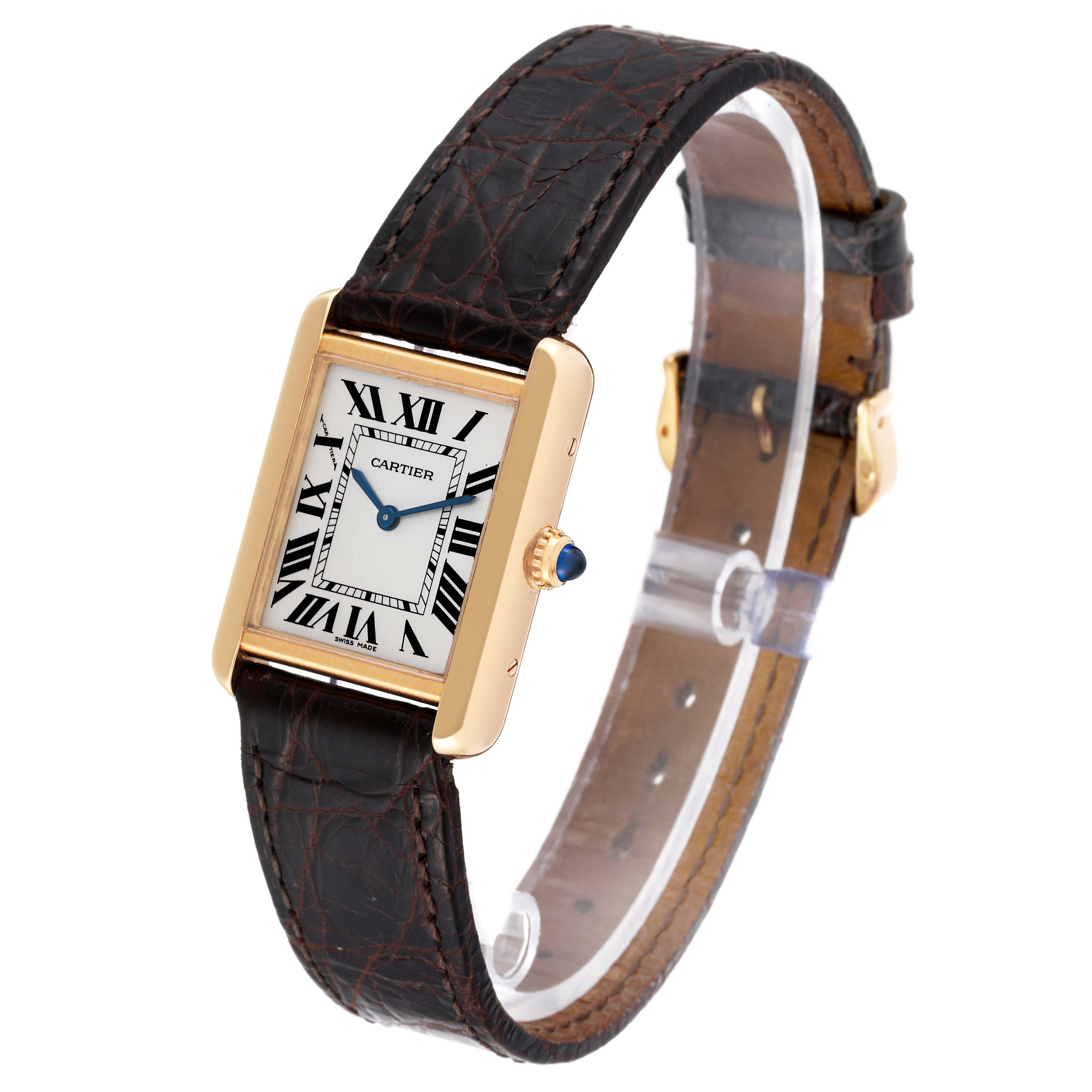 The image shows a Cartier Tank Solo W1018755 Women
s Steel and Gold (two tone) Silver Dial W1018755 Women
s Steel and Gold (two tone) Silver Dial watch at an angle highlighting its face, side, and leather strap.