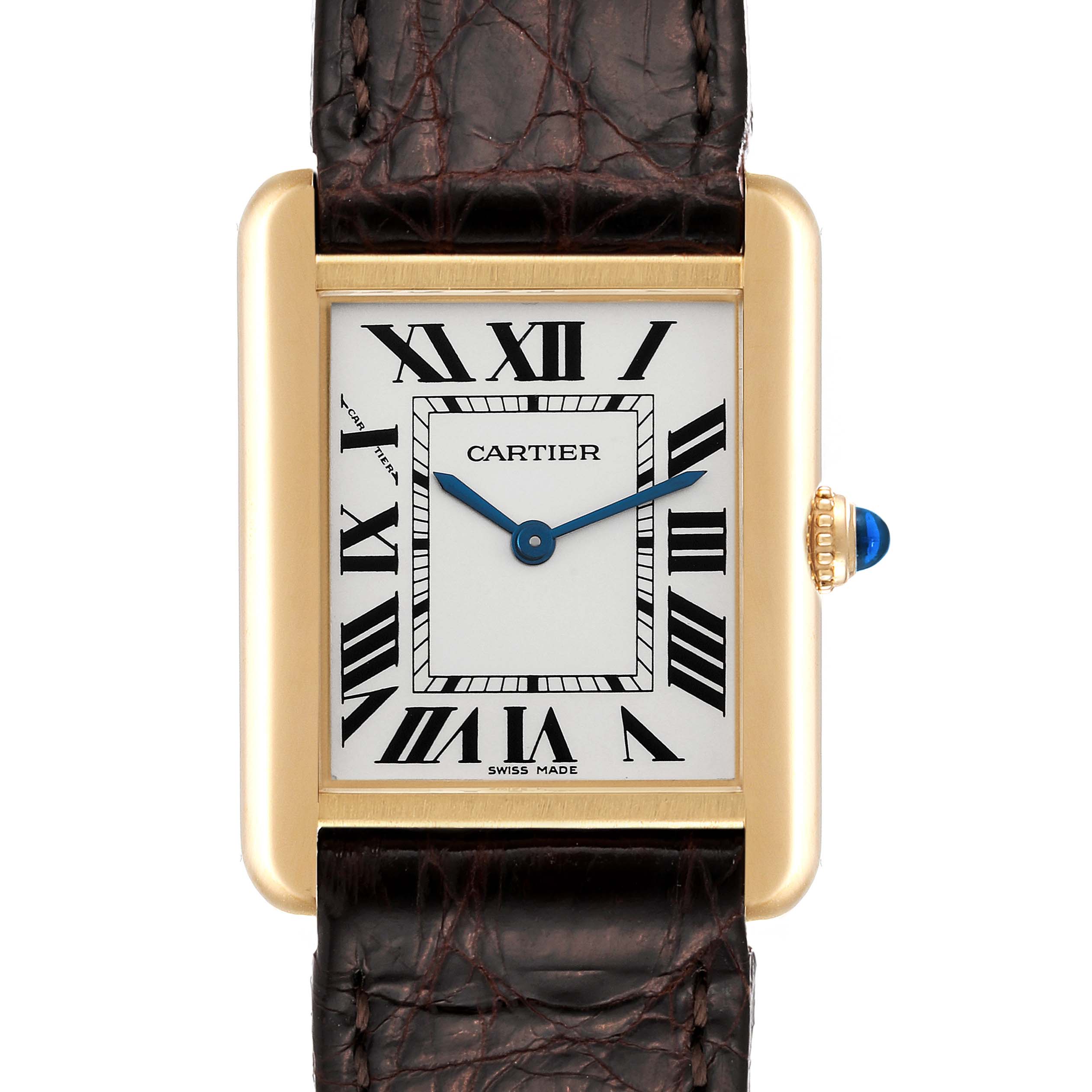 The image shows a front view of a Cartier Tank Solo W1018755 Women
s Steel and Gold (two tone) Silver Dial W1018755 Women
s Steel and Gold (two tone) Silver Dial watch, highlighting the dial, case, crown, and strap.