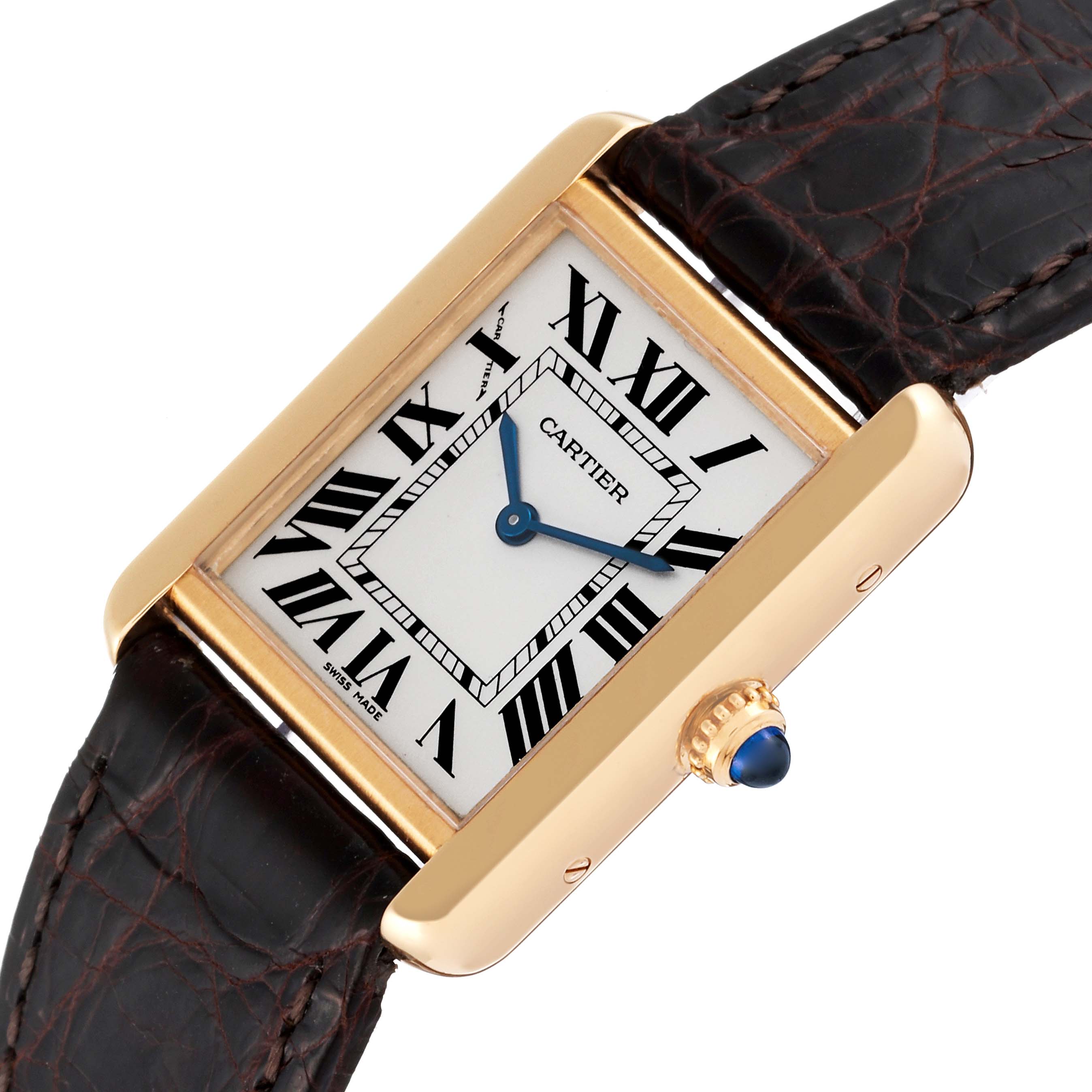The Cartier Tank Solo W1018755 Women
s Steel and Gold (two tone) Silver Dial W1018755 Women
s Steel and Gold (two tone) Silver Dial watch is shown at an angled view, highlighting its rectangular face, blue hands, and leather strap.