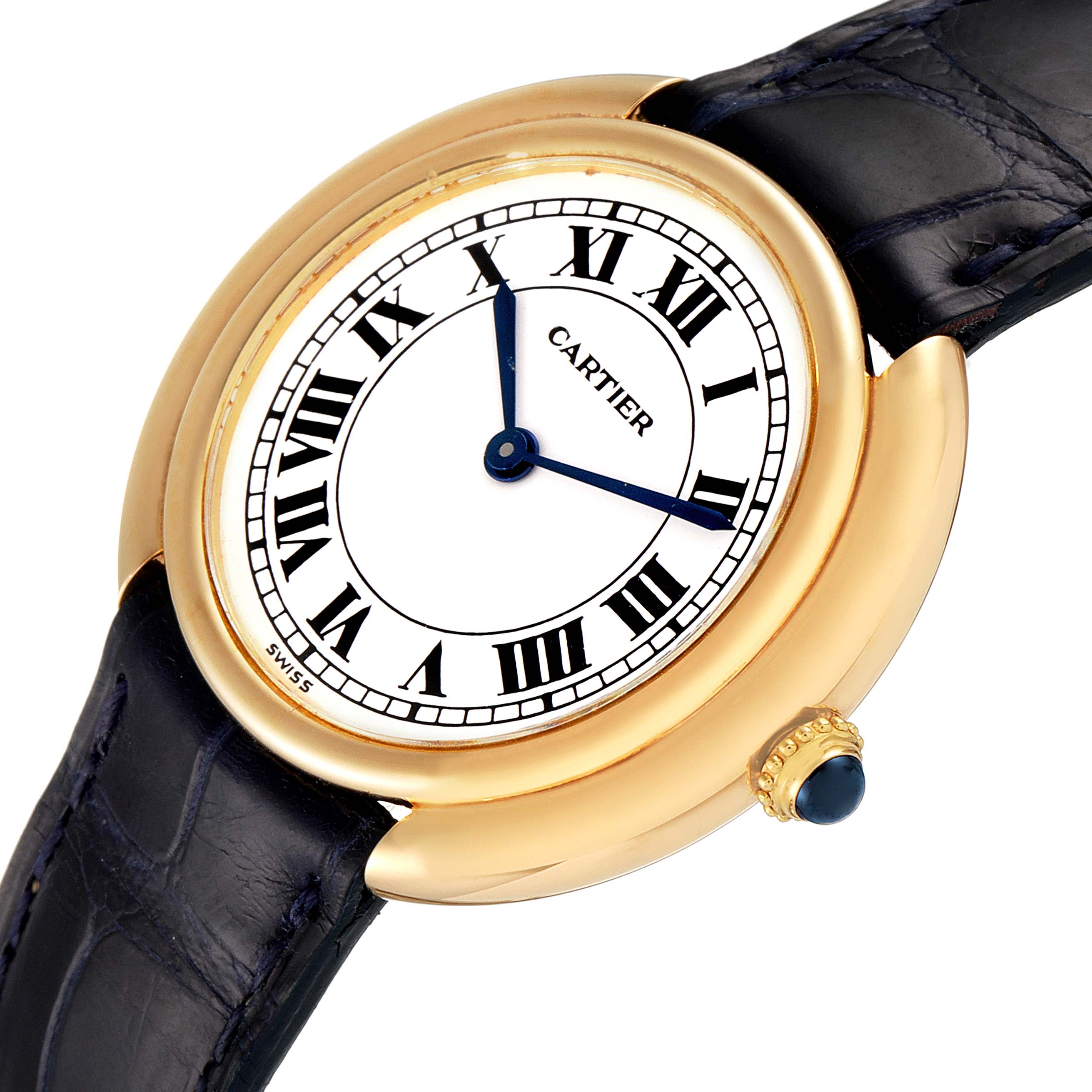 The image shows a top-down view of a Cartier Vendome Women's Yellow Gold Silver Dial Women's Yellow Gold Silver Dial watch, highlighting its face, gold case, and black leather strap.