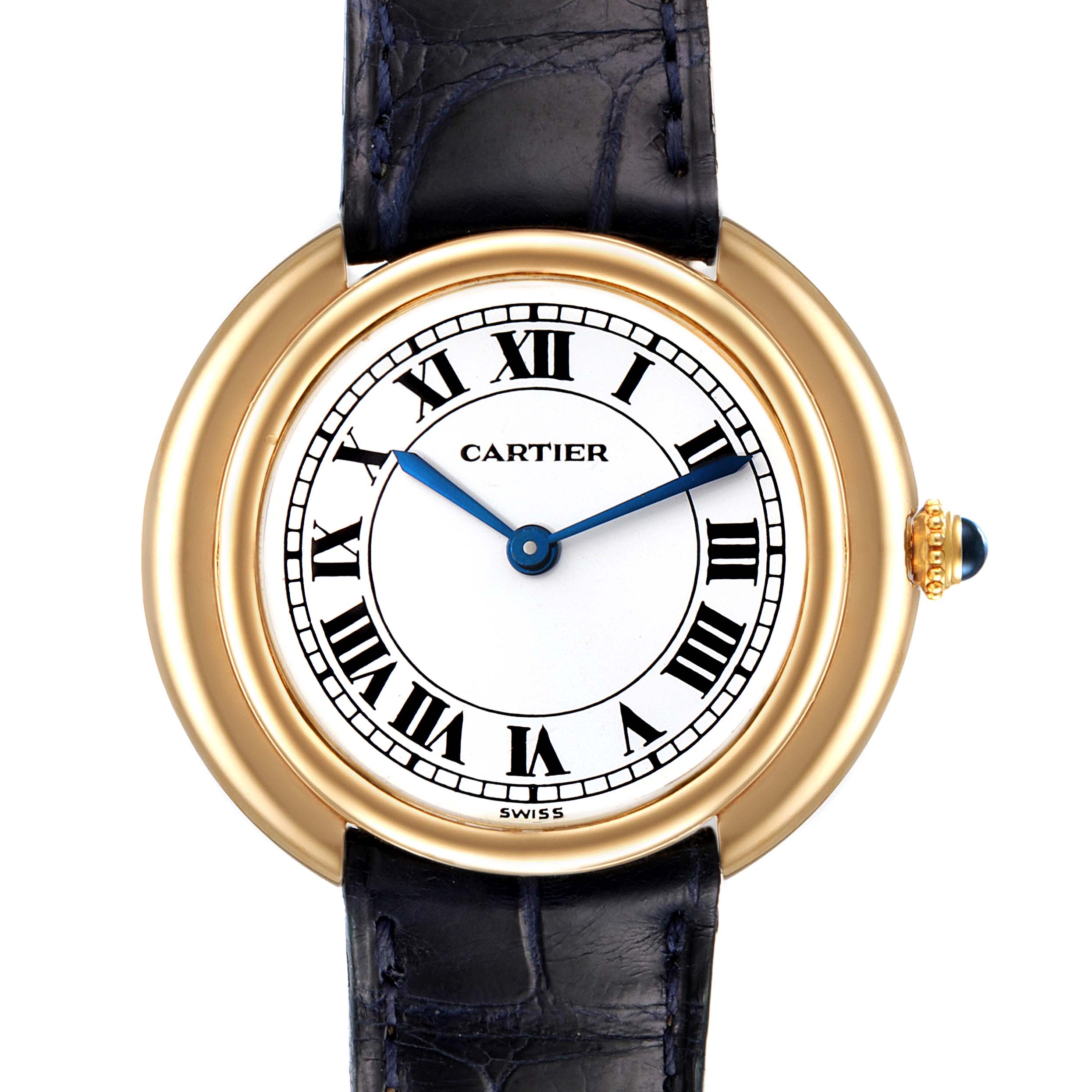The image shows a Vendome model by Cartier from a top-down angle, displaying the watch face, gold case, and part of the leather strap.