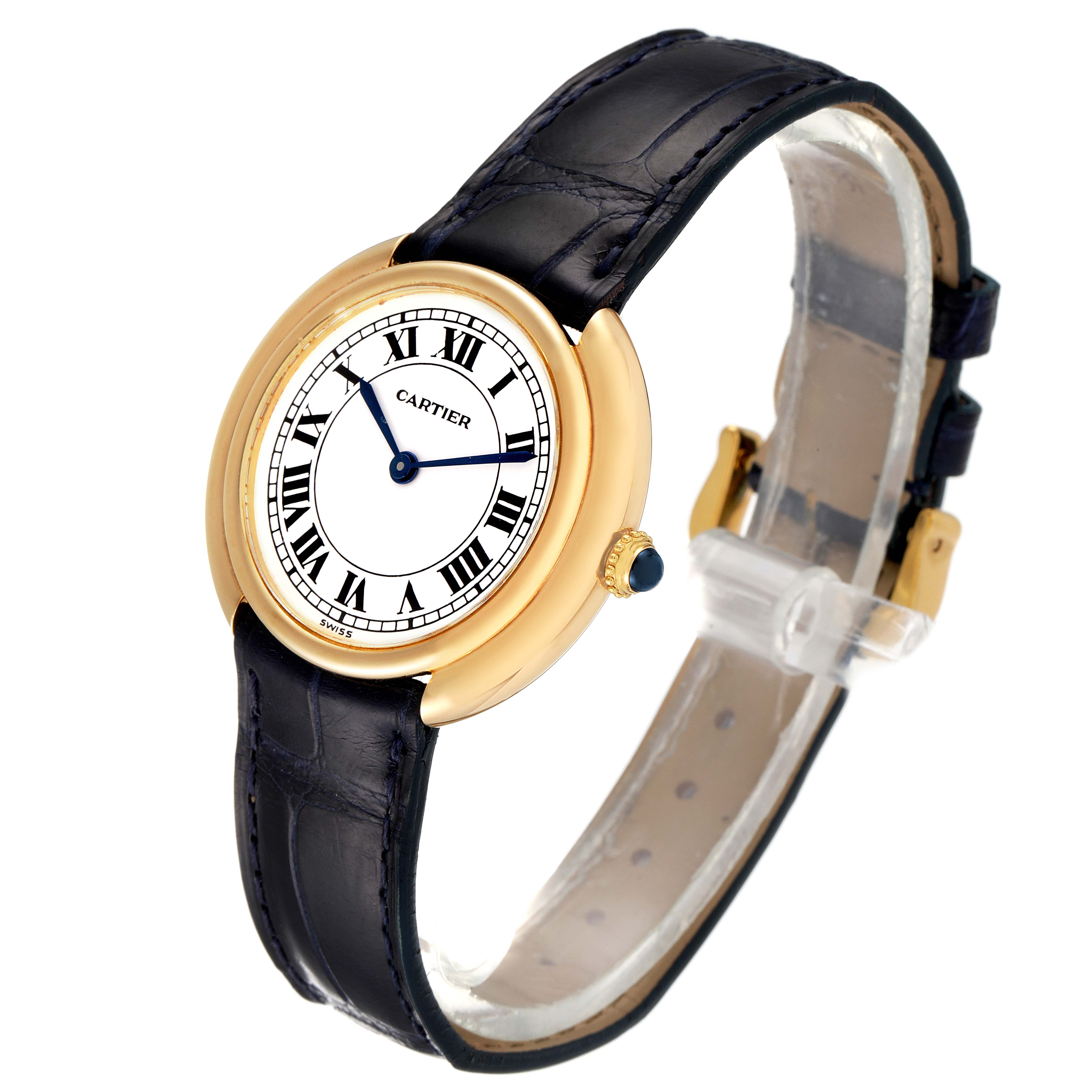 The Vendome model by Cartier is shown at a 3/4 angle, highlighting the face, strap, and crown of the watch.
